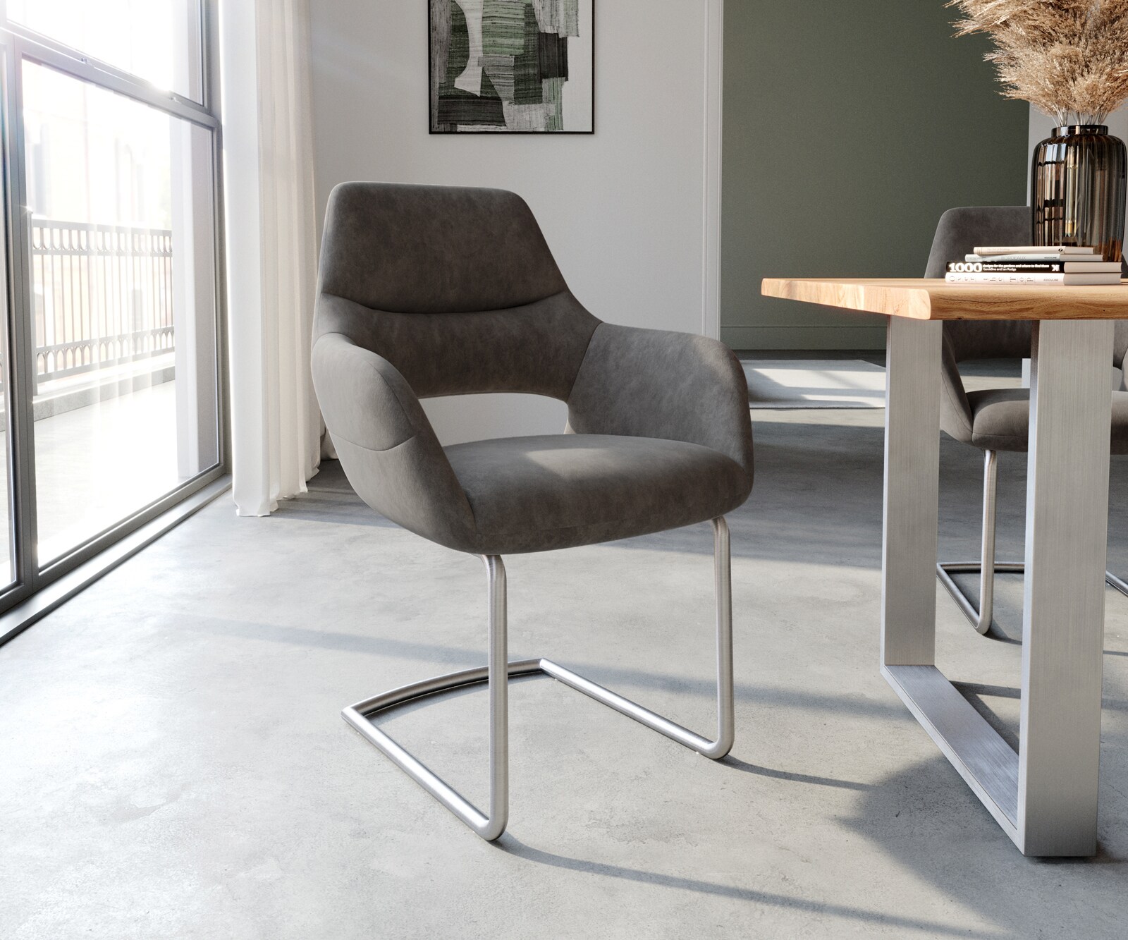 Cantilever Yago-Flex avec accoudoirs microvelours anthracite vintage pied cantilever rond acier inoxydable brossé ressorts ensachés 1