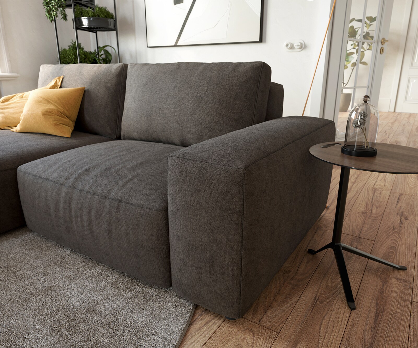 Canapé d’angle Lanzo 230x155 cm microfibre brun kaki méridienne réversible avec pouf 3
