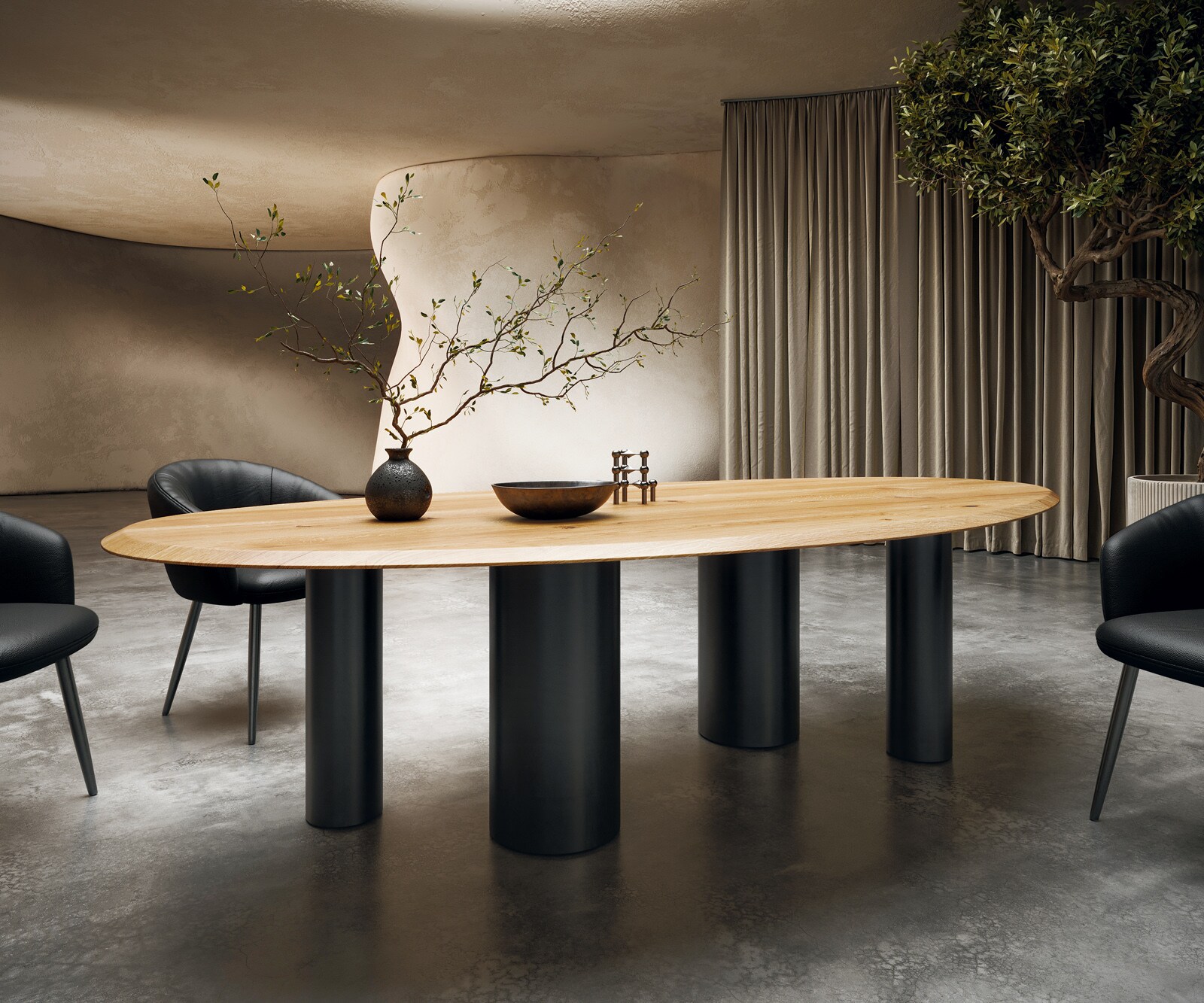 Table à manger Edge ovalee 280x130x2,5 chêne naturee Pilier métal noir Flow-Edge
