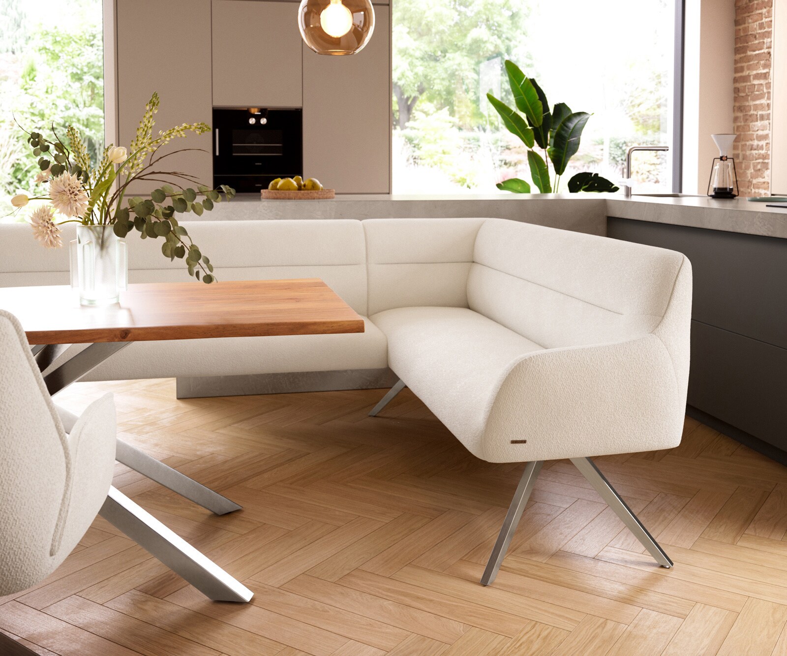 Banc-de-salle-à-manger Taya-Flex 285x190 cm bouclé crème-blanc pied croisé angulaire acier inoxydable ressort ensaché liens 5