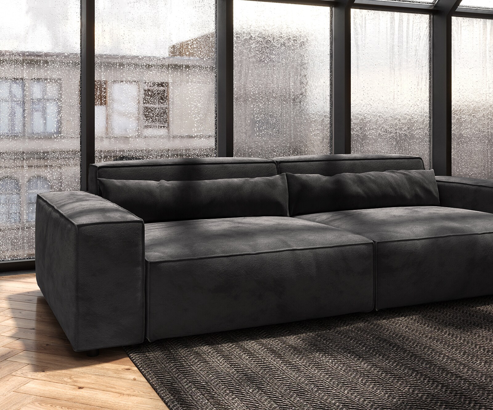 Grand Canapé Sirpio XL 270x130 cm Microfibre Noir avec Tabouret 5
