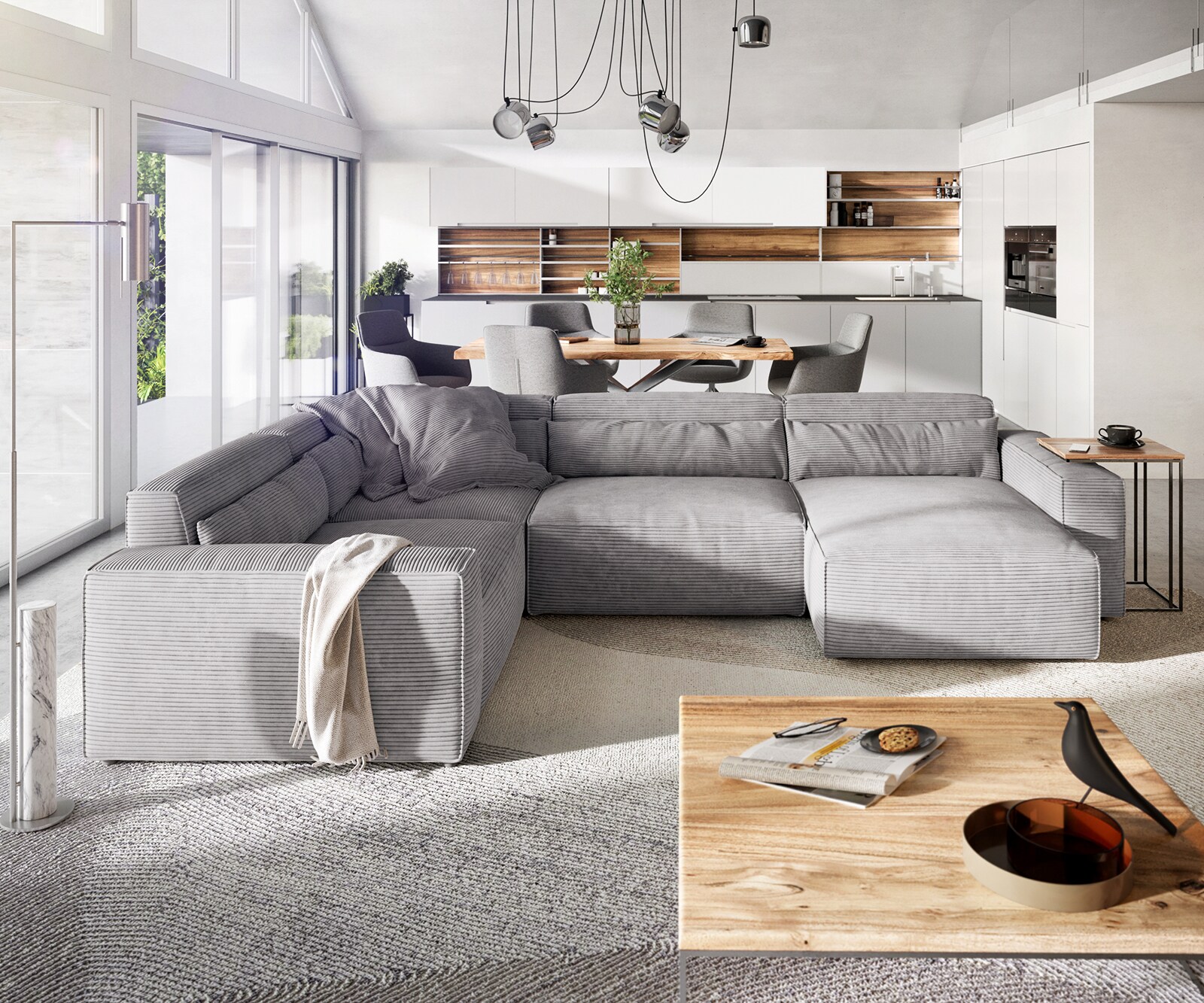 Canapé panoramique Sirpio L 330x230 cm Velours côtelé Gris argenté Recamiere variable 2