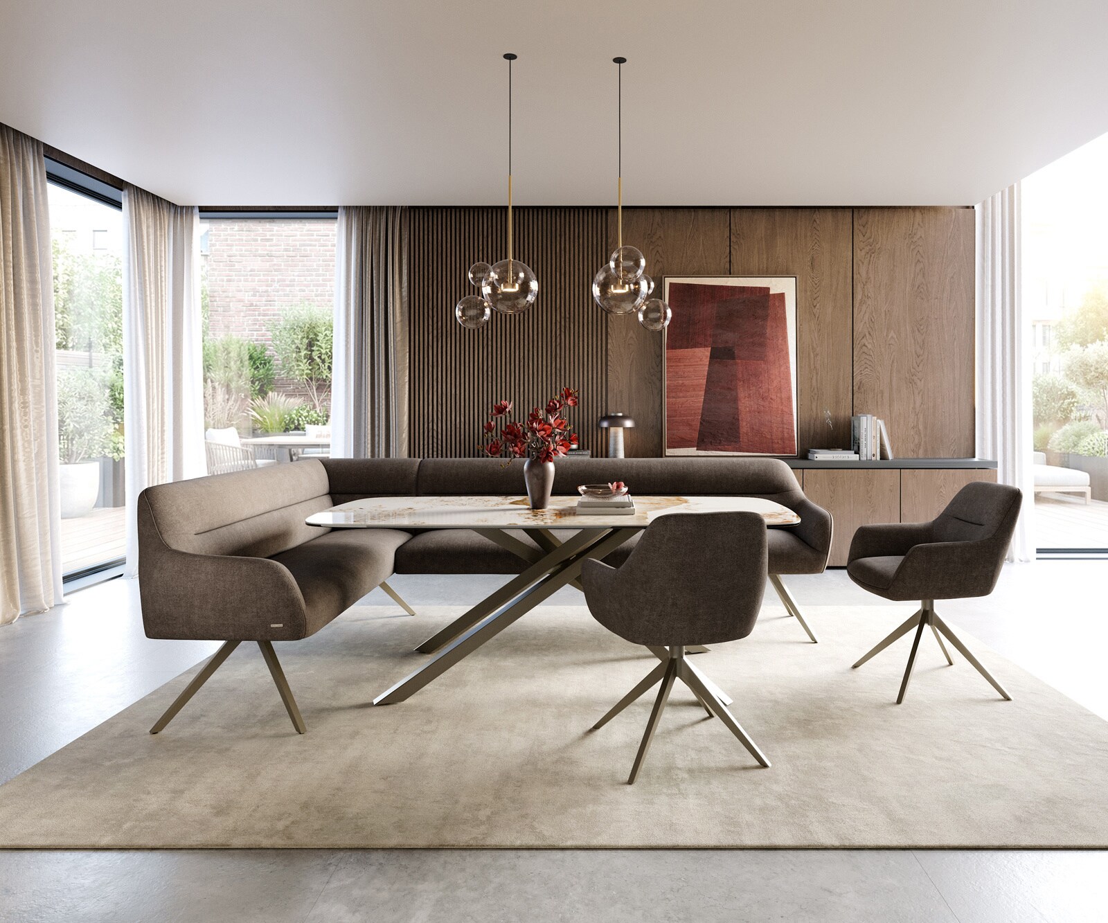 Banc-de-salle-à-manger Taya-Flex 285x190 cm tissu structuré doux taupe pied croisé angulaire titane ressort ensaché à droite 2