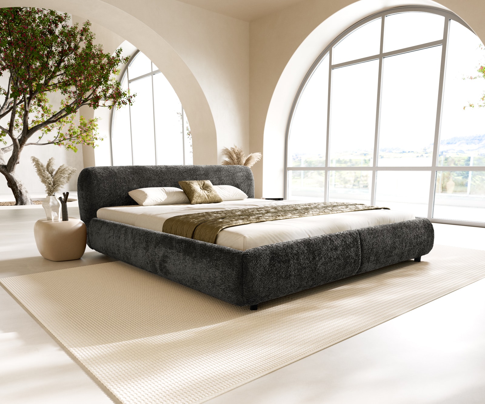 Cadre-de-lit rembourré Shona 180x200 cm tissu Teddy gris Cadre-de-lit rembourré Shona 180x200 cm tissu Teddy gris