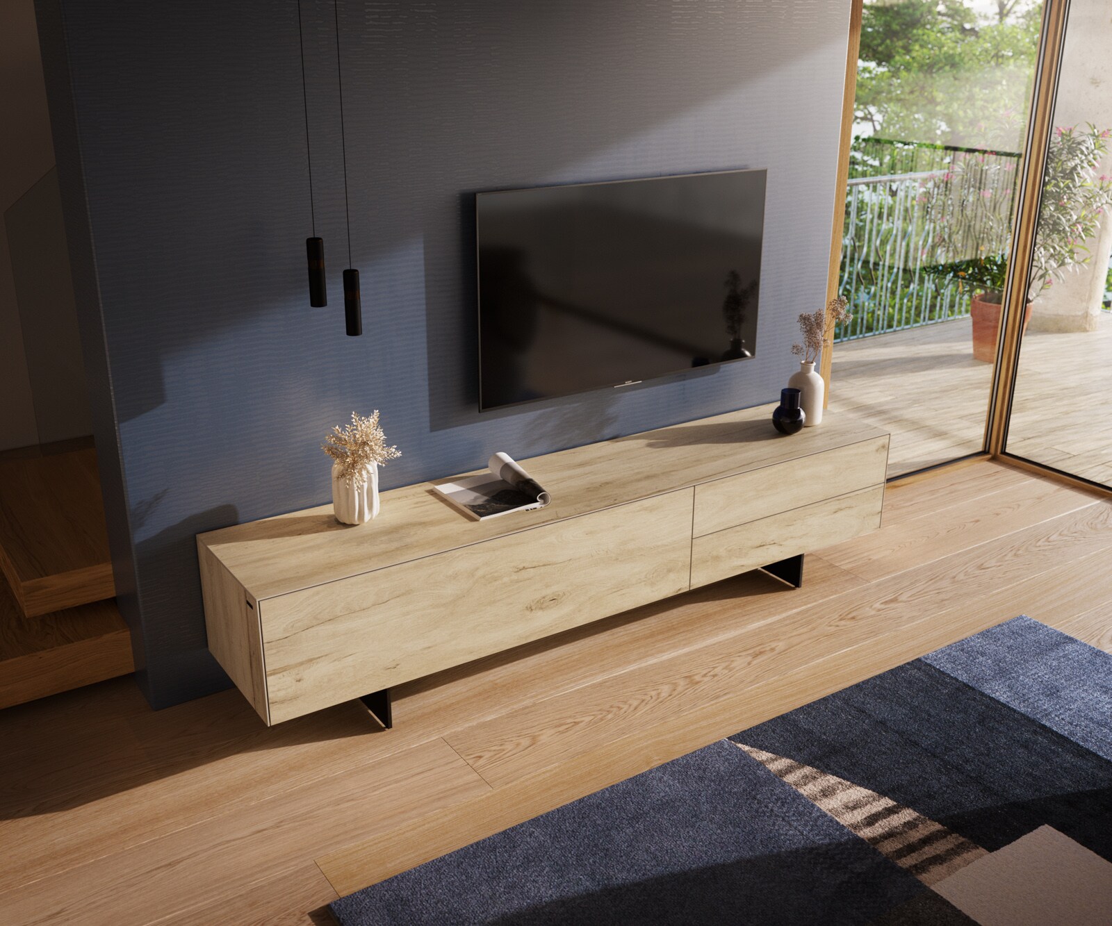 Meuble-TV Cuor 220 cm Céramique Laminam® Sabbia Teinte chêne 1 Clapet 2 Tiroirs Pied optique flottant Métal Noir 4