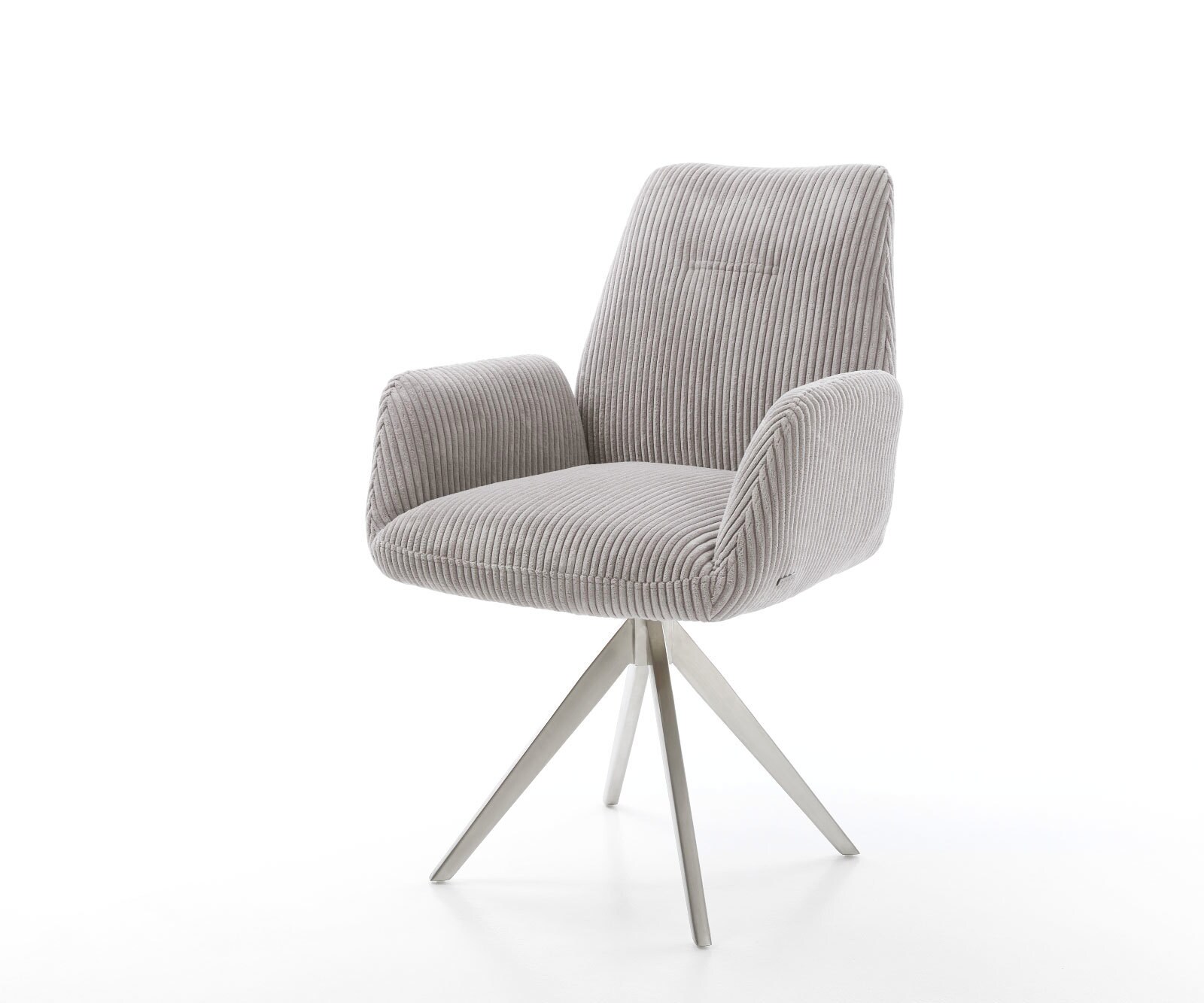 Chaise-de-salle-à-manger Zoa-Flex côtelé gris argenté pied croisé angulaire acier inoxydable brossé ressorts ensachés