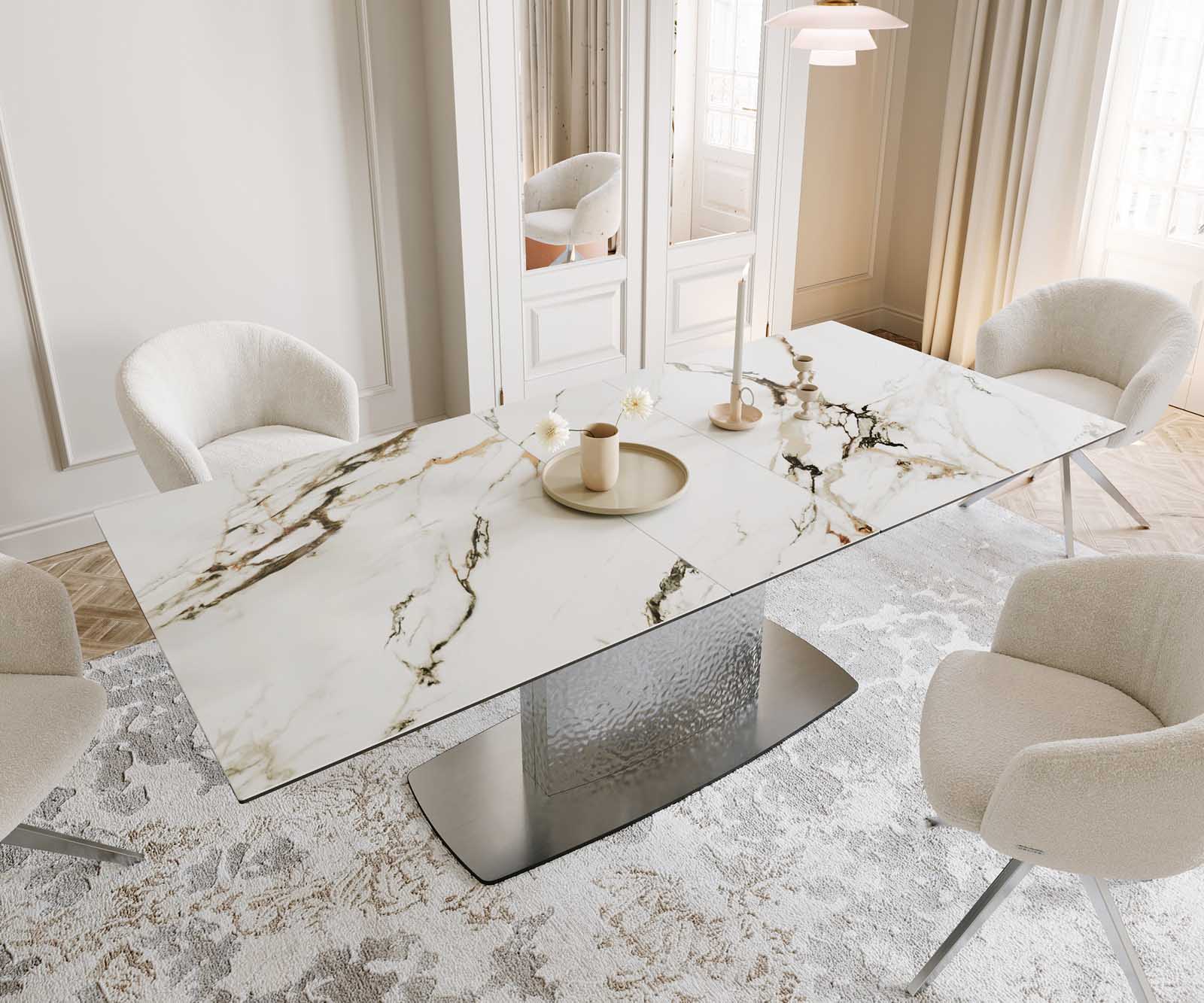Table à manger Edge 180-220x100 céramique Calacatta Luxe blanc-doré-gris Wave acier inoxydable extensible 5
