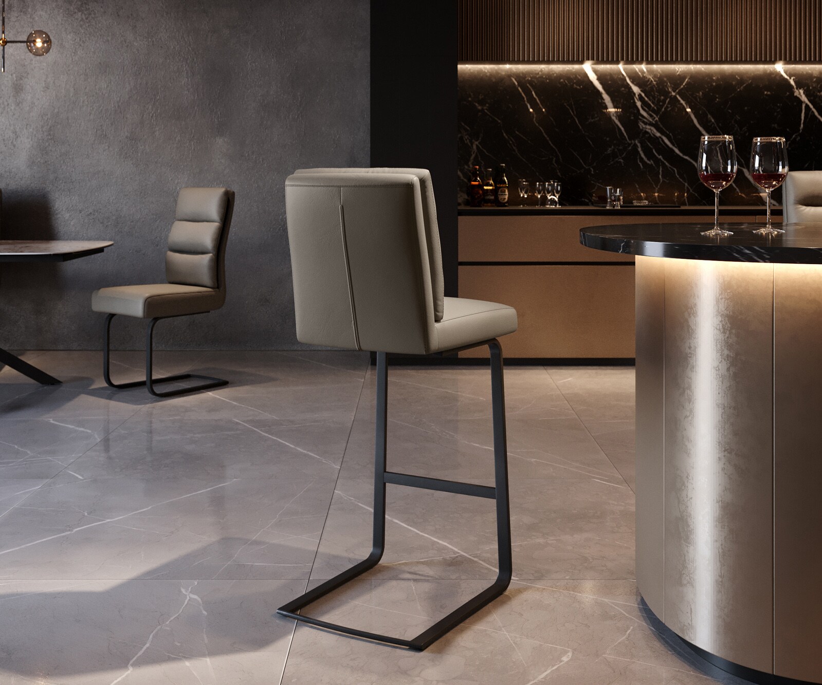 Chaise-de-bar Pela-Flex cuir véritable boue piétement luge plat métal noir ressorts ensachés 2