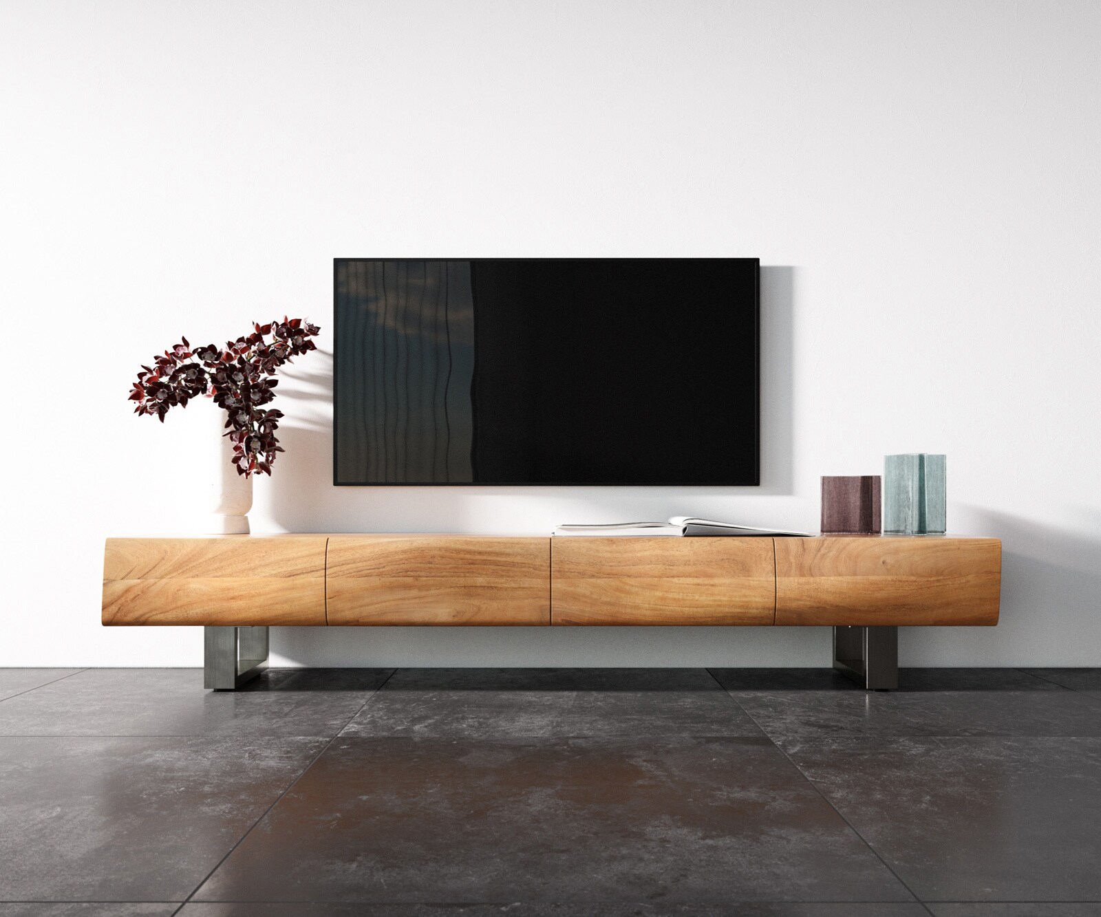Meuble TV New Live-Edge 200 cm acacia naturel 4 portes patin inox brossé 4
