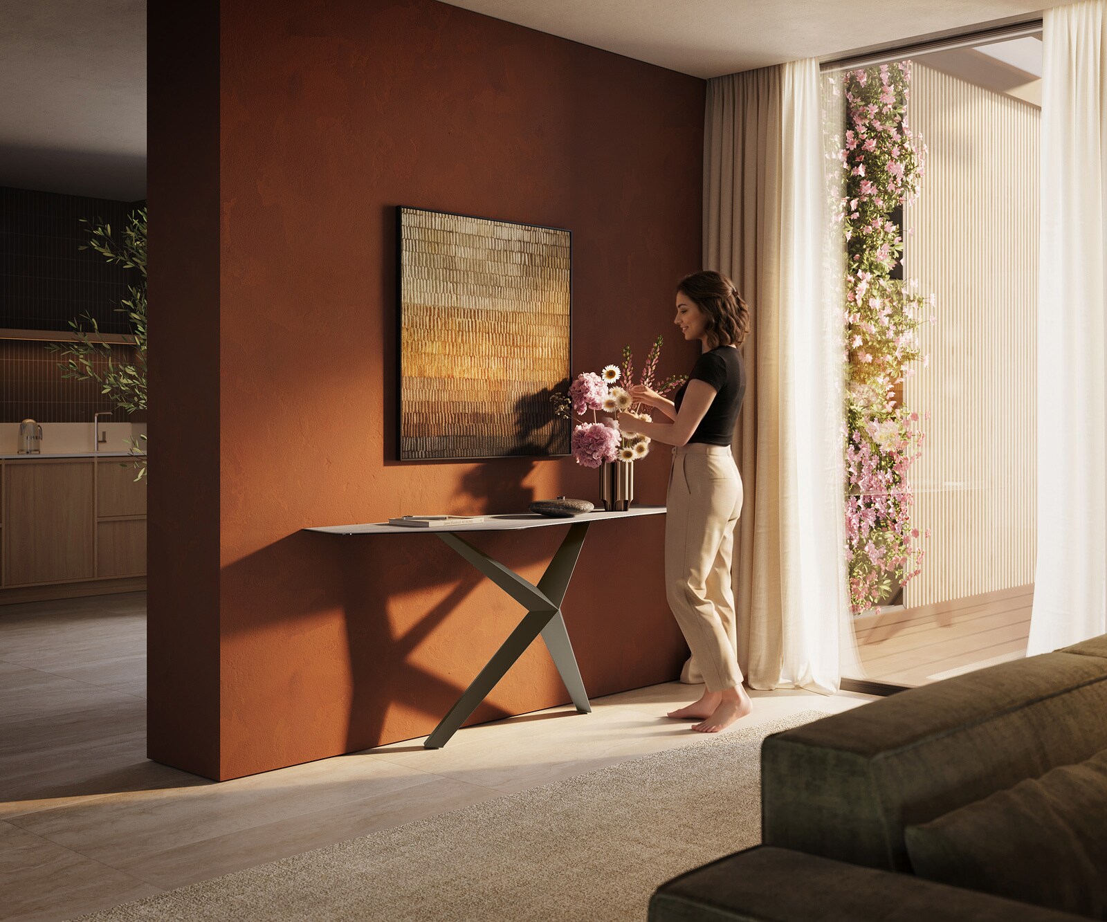 Console Edge Polygonal 180x50 cm Céramique Laminam® Travertino Bianco Creme-Weiß Zentharo Métal Effektfinish Titan 6