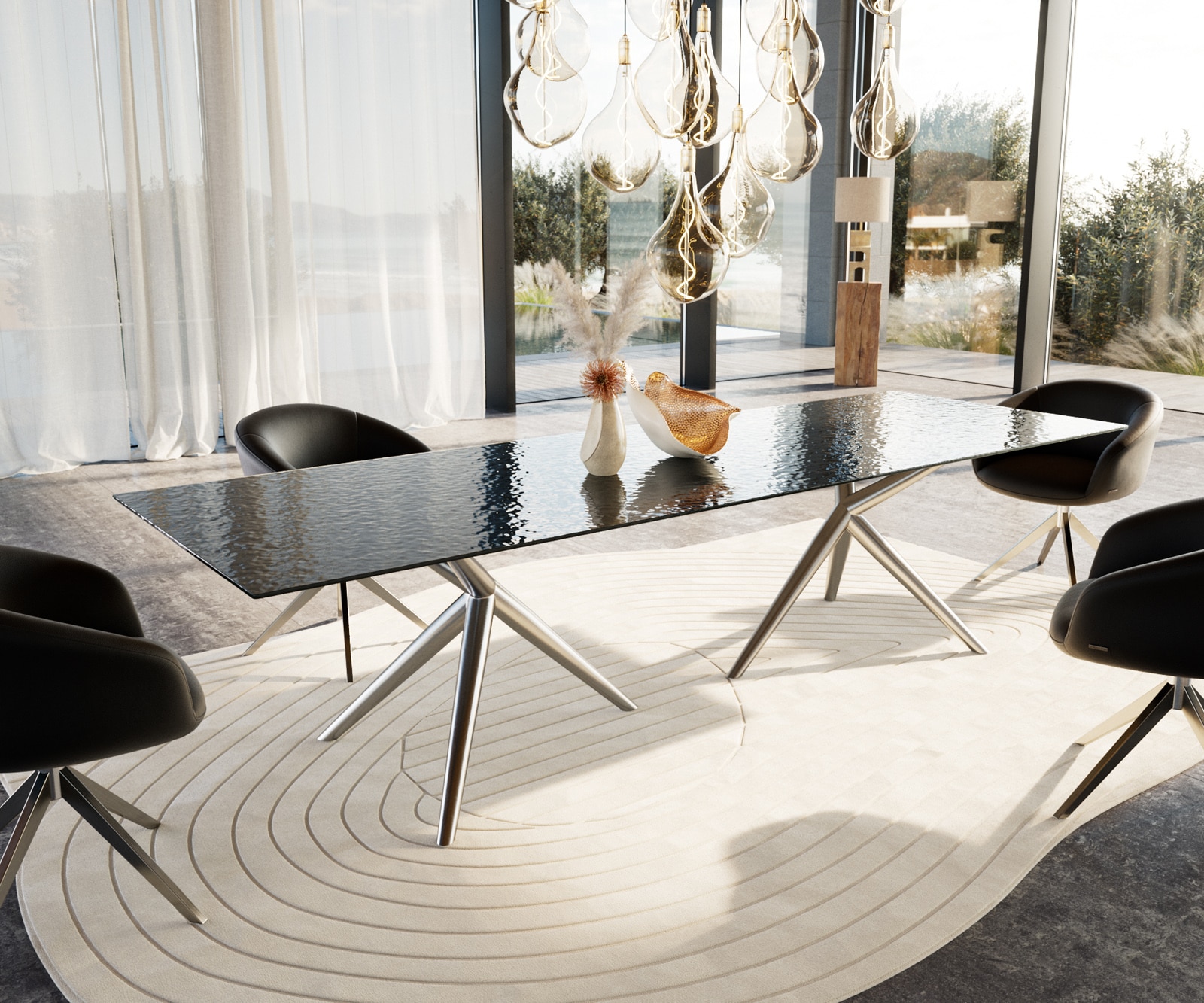 Table à manger Edge 300x100 verre en relief noir 3D-Design Estelar rond Acier inoxydable