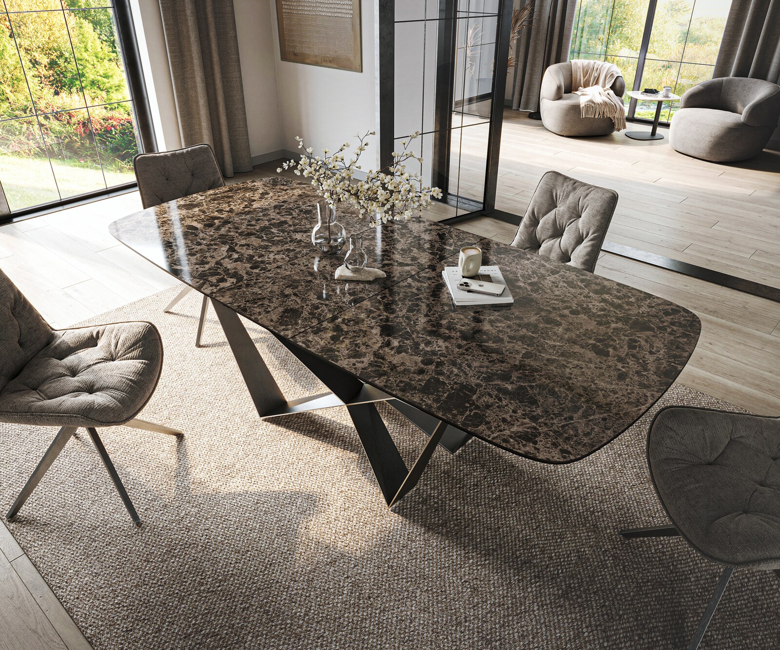 Table de salle à manger Edge Boot 180-220x100 cm Céramique Emperador Extra Lucidato Brun foncé Spider Acier plat Acier inoxydable Graphite extensible 4