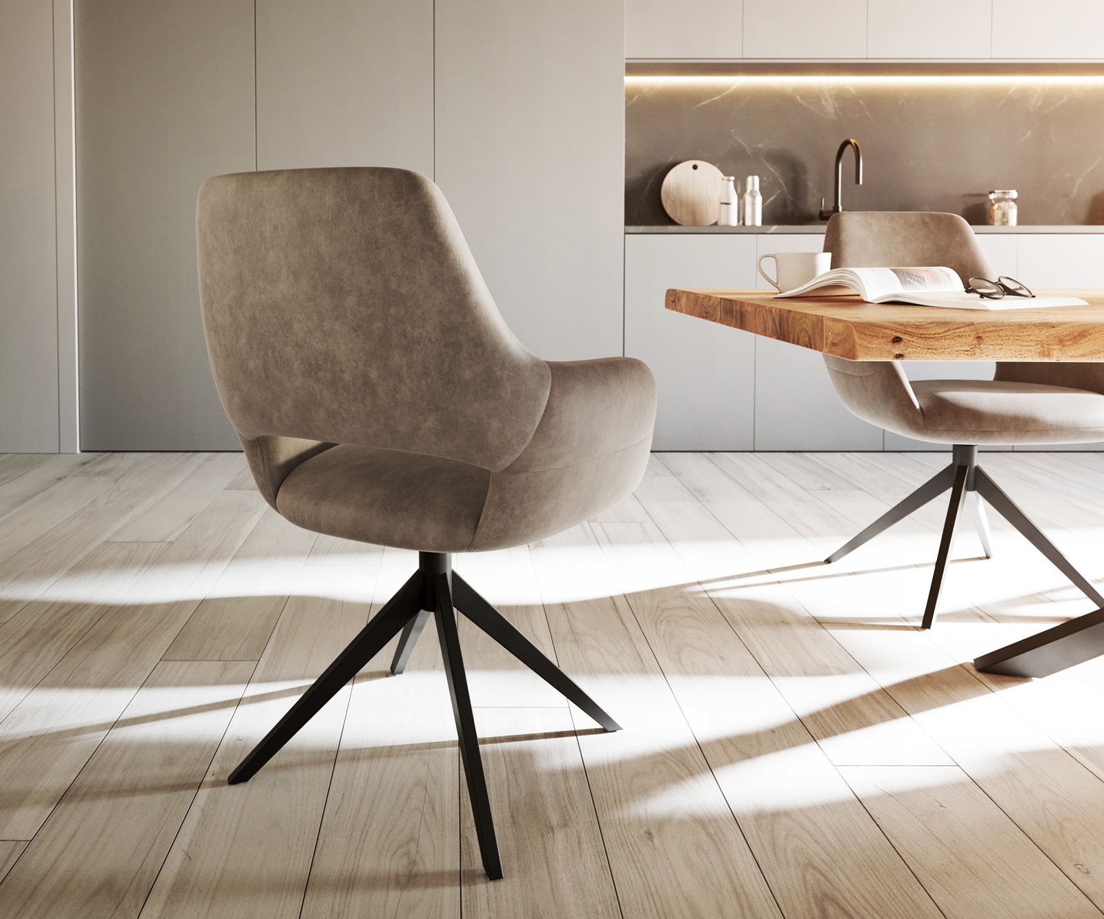 Chaise-de-salle-à-manger Yago-Flex avec accoudoirs microvelours taupe vintage pied croisé large noir ressorts ensachés 4 Chaise-de-salle-à-manger Yago-Flex avec accoudoirs microvelours taupe vintage pied croisé large noir ressorts ensachés 4