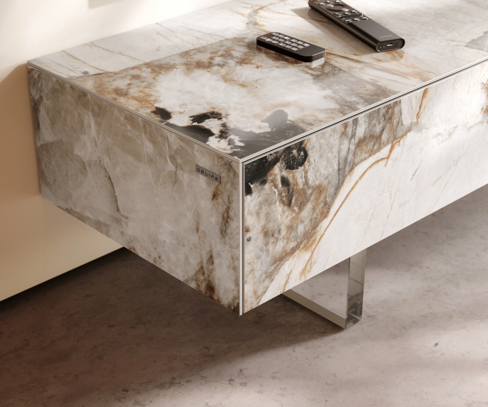 Meuble-TV Cuor 150 cm Céramique Patagonia raffinée 1 Clapet 1 Tiroir Pied optique flottant Verre acrylique 6