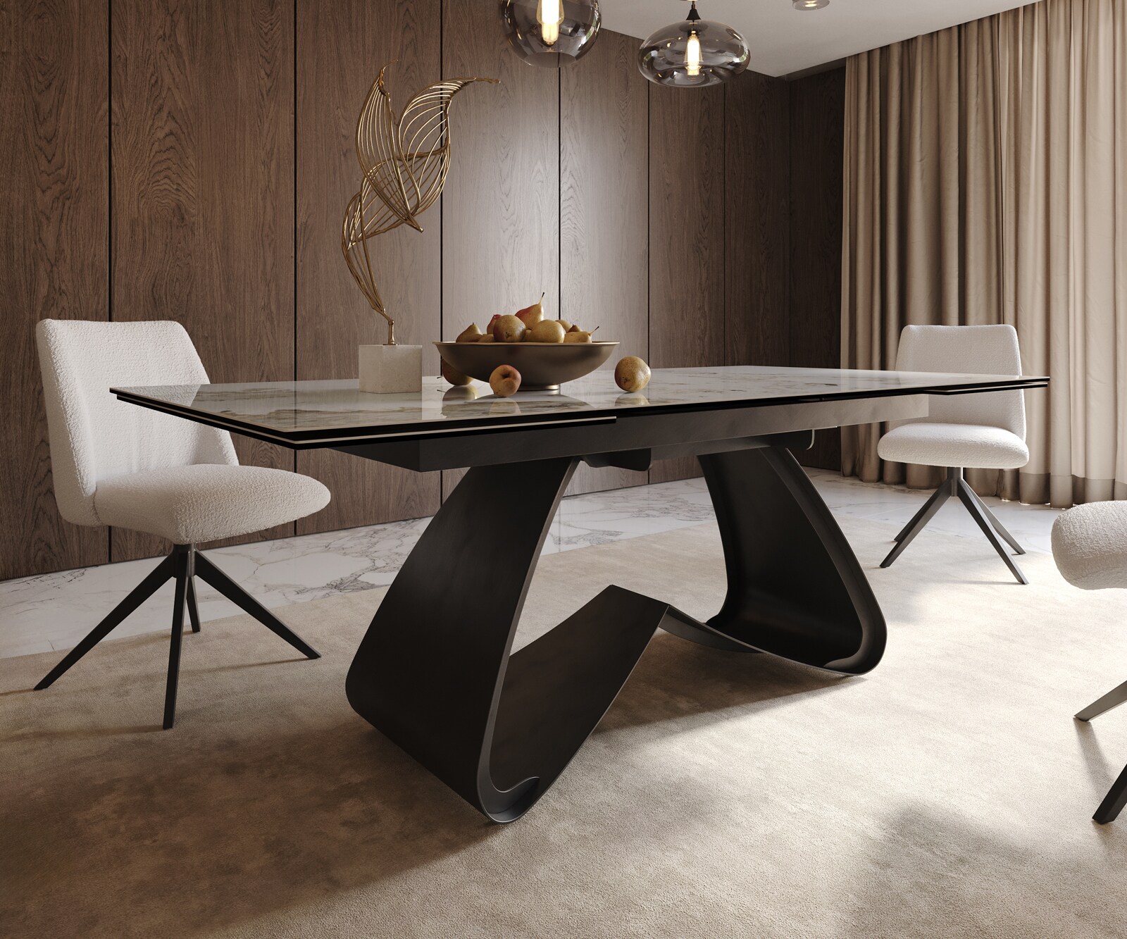 Table à manger Edge 200-300x100 céramique Minas mélange blanc-beige cadre en W noir extensible 6