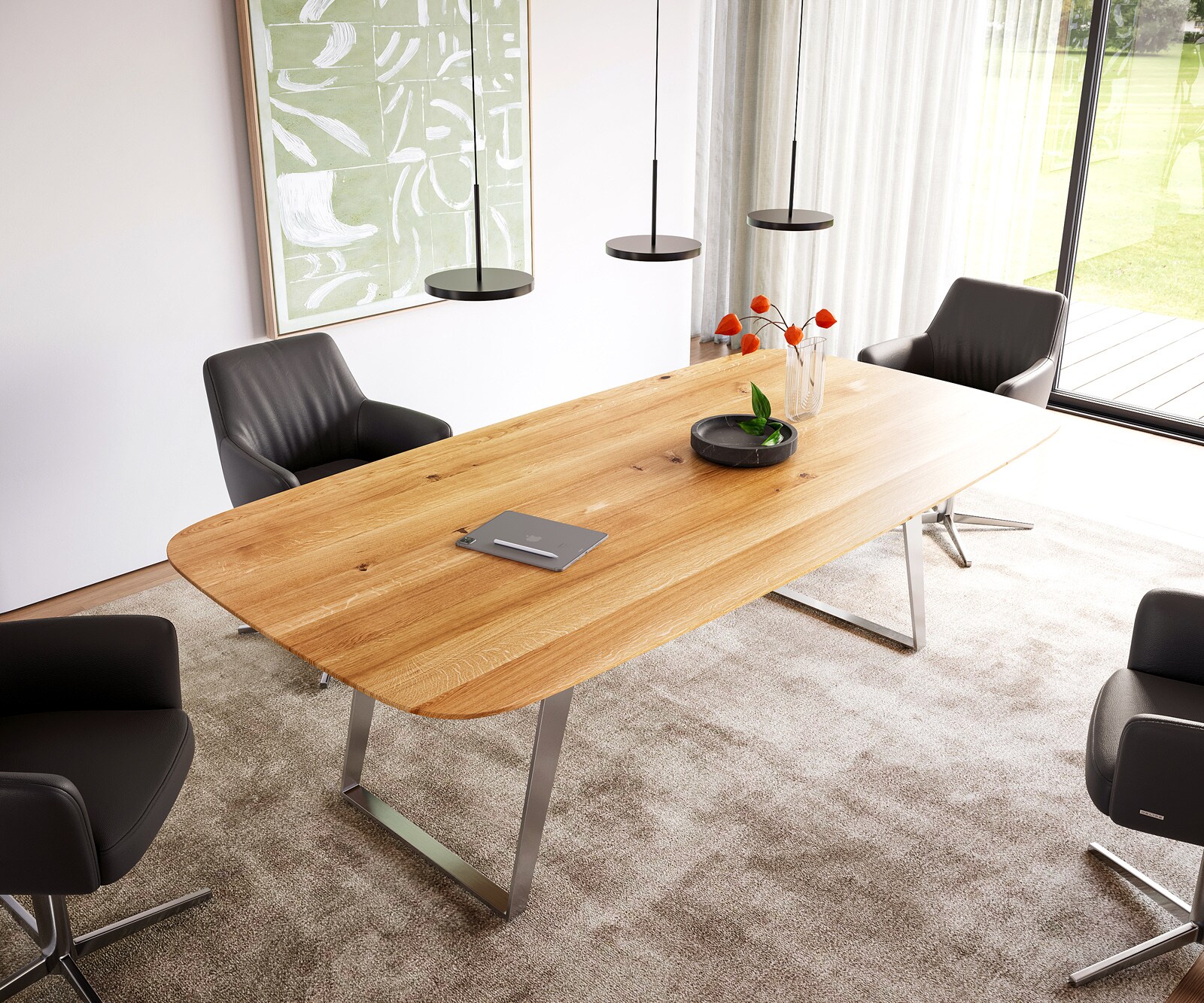 Table à manger Edge Boot 240x120x2,5-3 chêne naturee acier inoxydable incliné bord suisse
