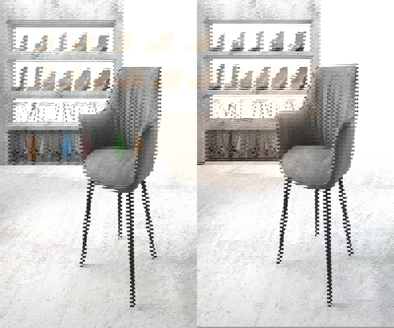 Chaise-de-salle-à-manger Keila-Flex avec accoudoirs microvelours taupe vintage 4 pieds coniques noir