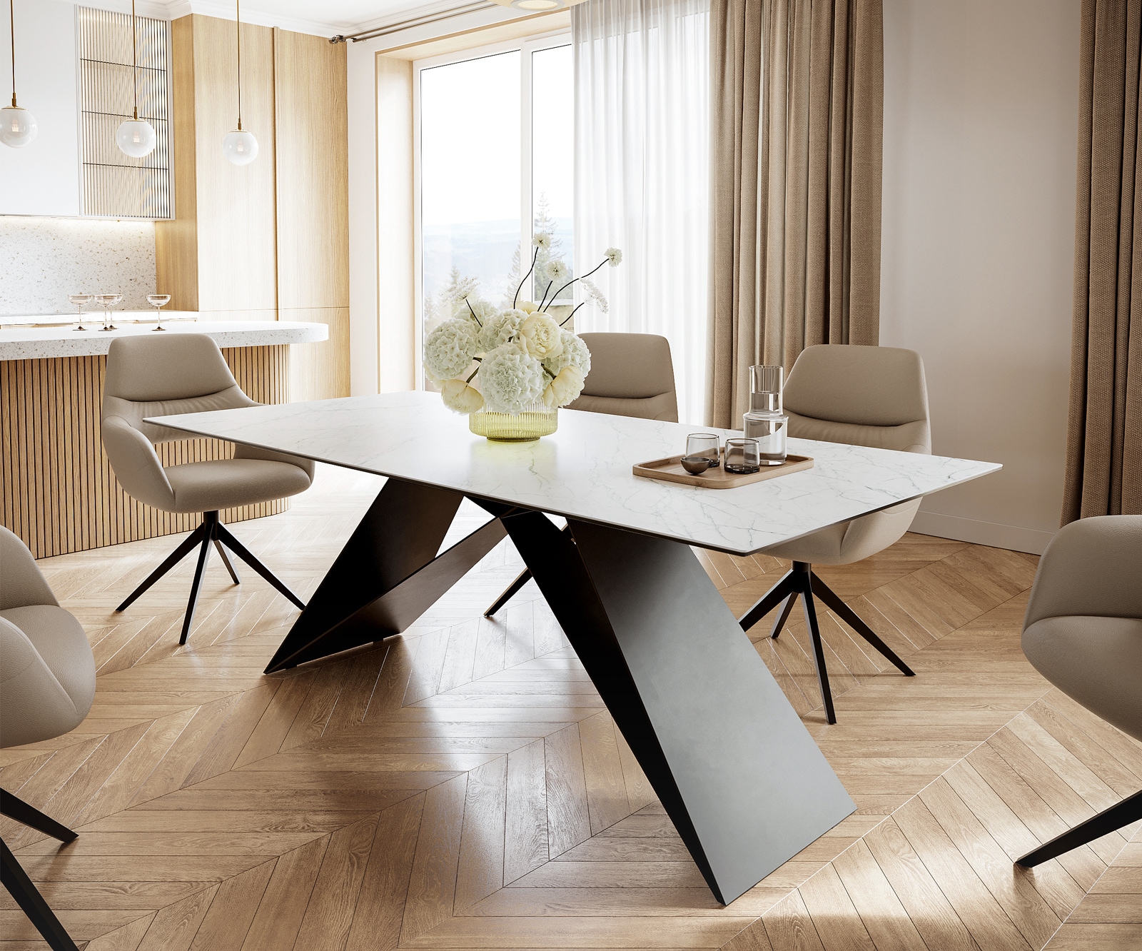 Table-à-manger Edge 200x100cm Laminam® céramique blanc V-pieds milieu noir