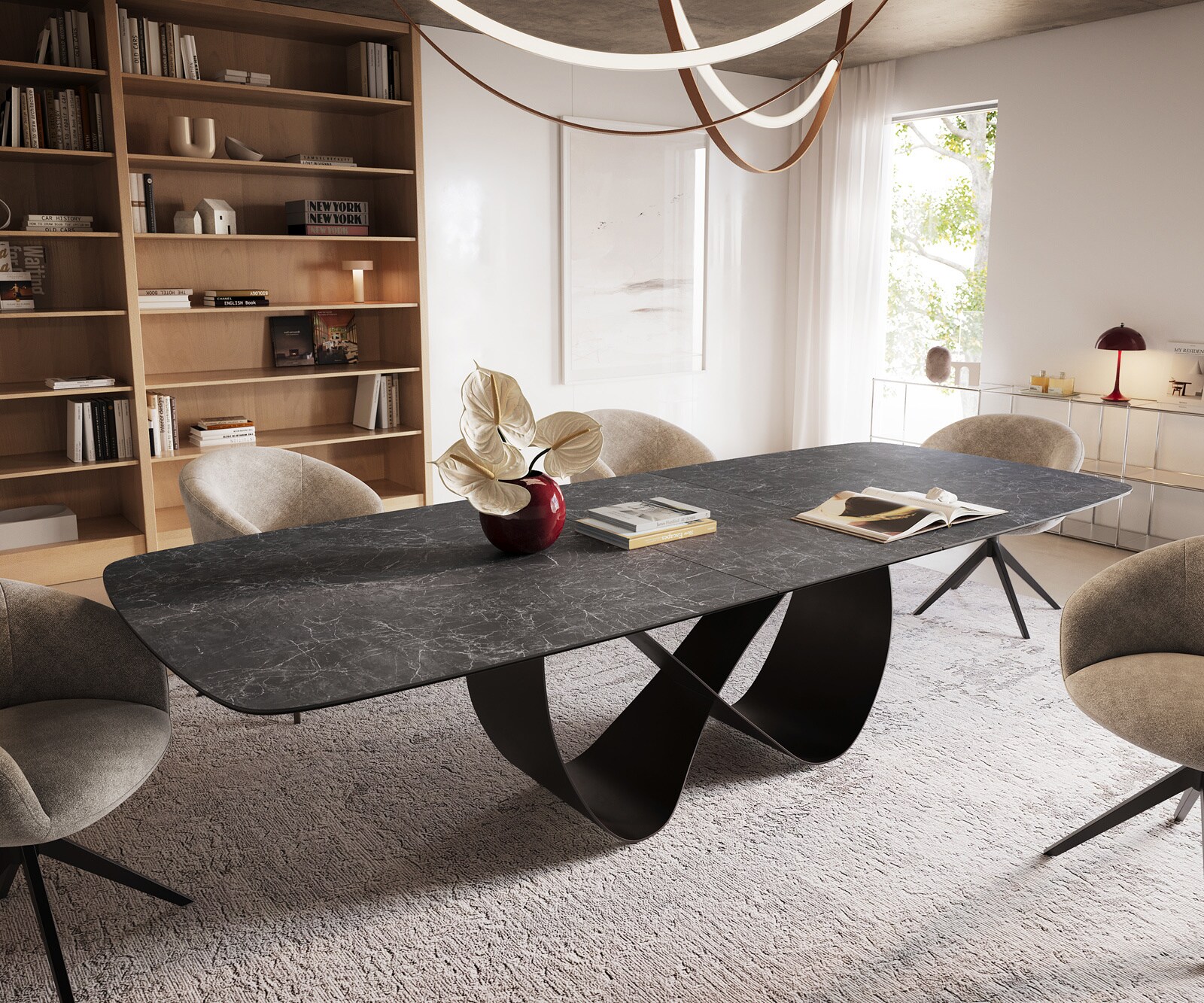 Table à manger Edge Boot 240-300x120 cm Céramique Laminam® Nero Greco Anthracite Infinity Métal Noir extensible 1