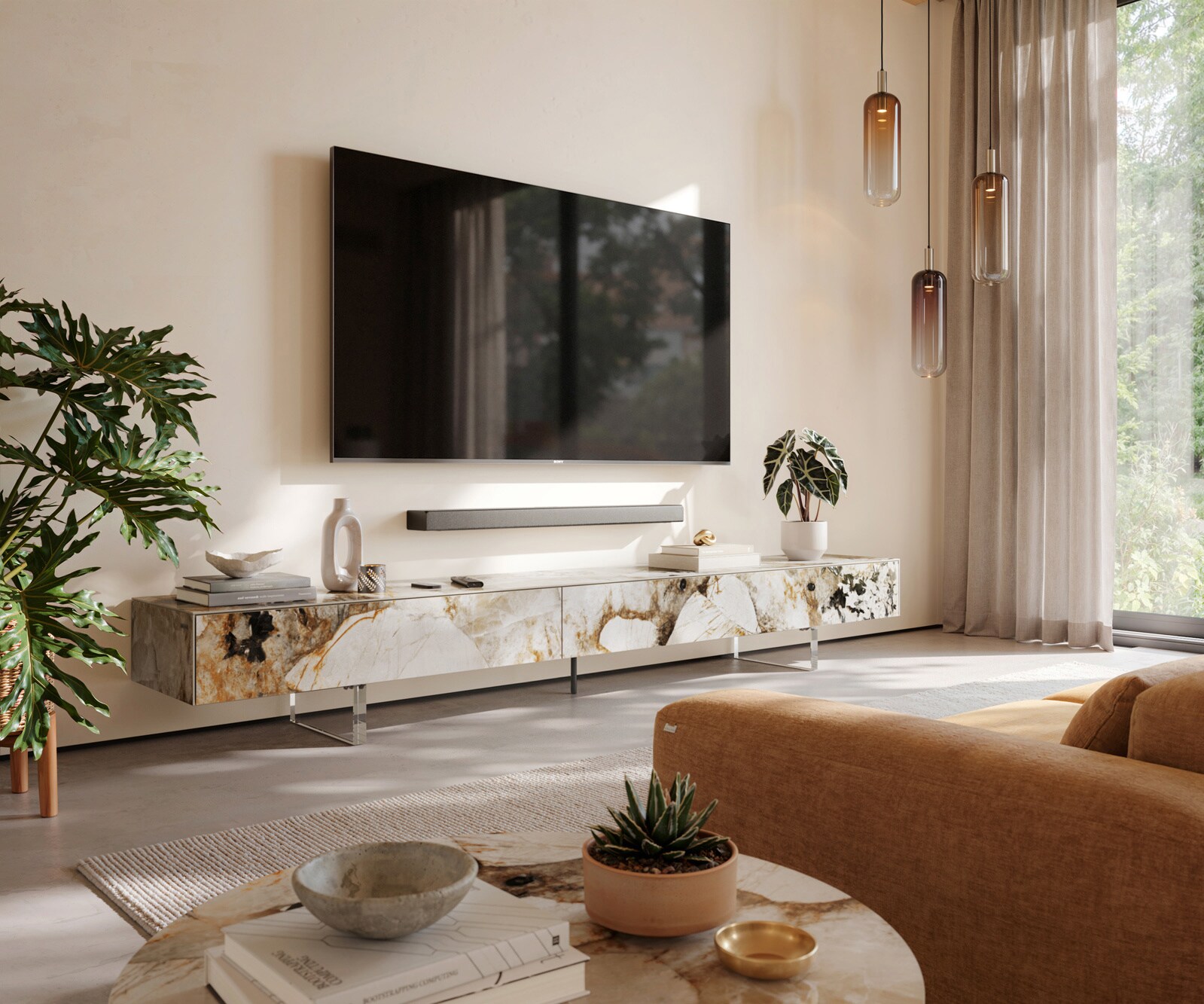 Meuble-TV Cuor 250 cm Céramique Patagonia raffinée 1 Clapet 1 Tiroir Pied optique flottant Verre acrylique 1