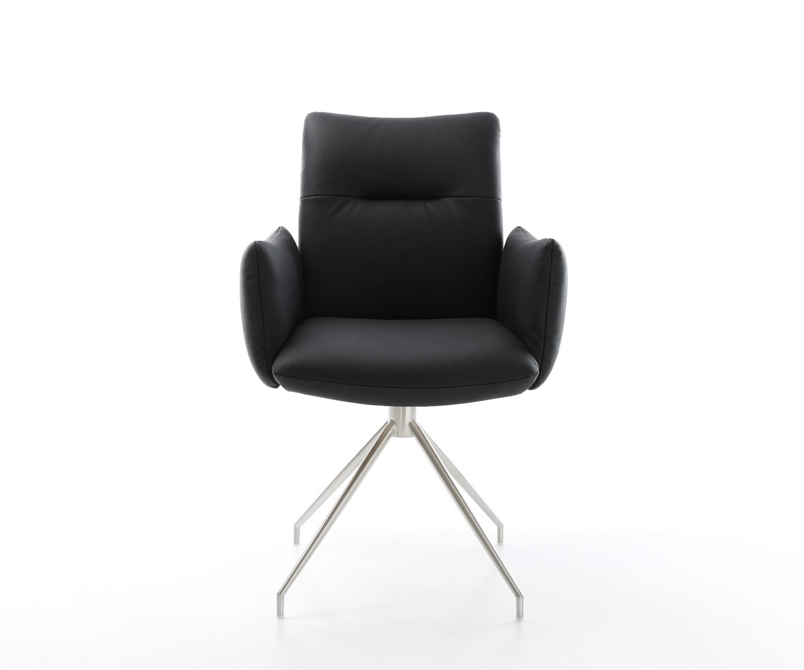 Chaise-pivotante Jova-Flex avec accoudoirs cuir de vache noir pied croisé conique acier inoxydable brossé pivotement sur 180° ressorts ensachés 2