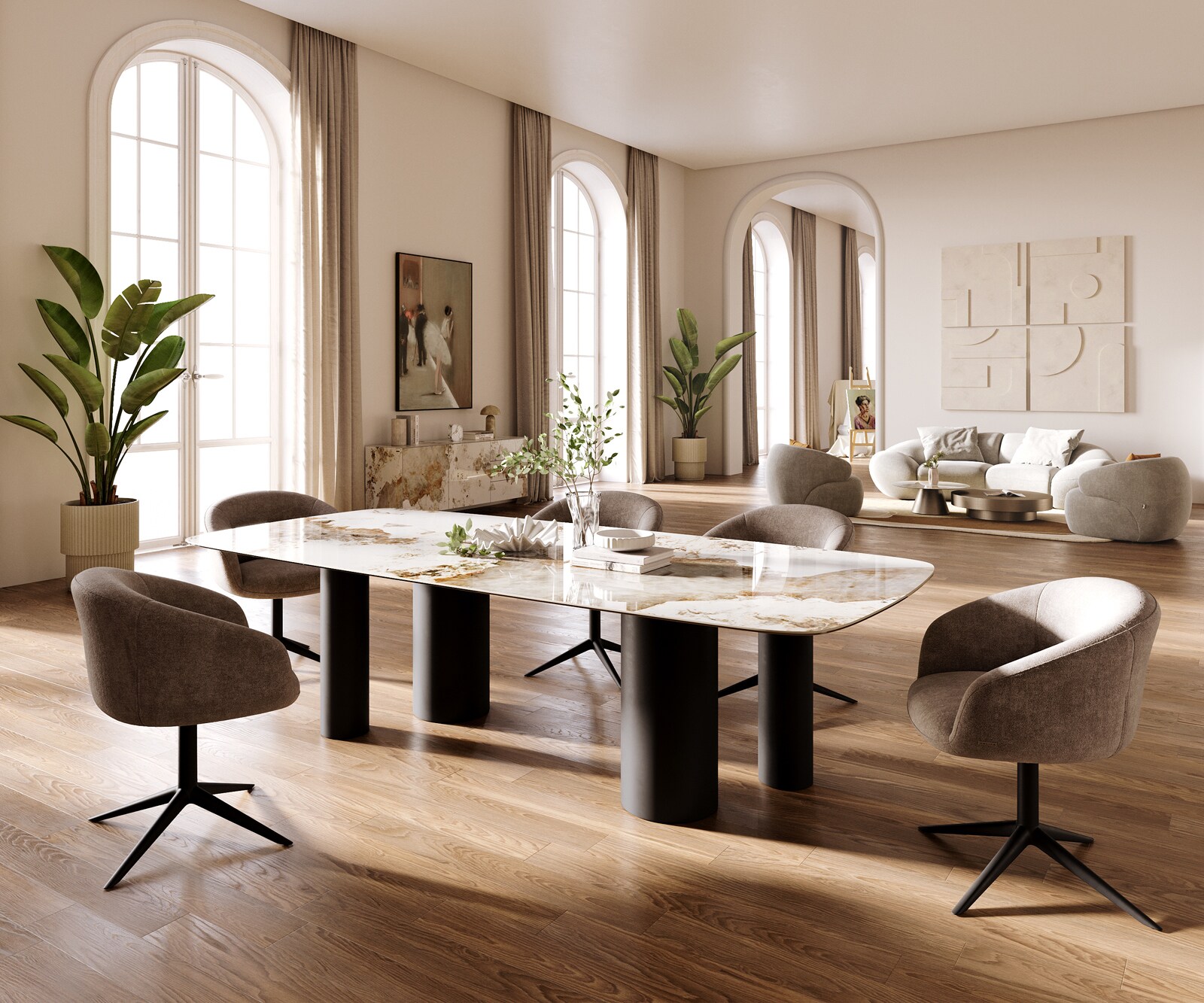 Table à manger Edge Boot 260x120 cm Céramique Minas Melange Blanc-Beige Pilier Métal Noir 5