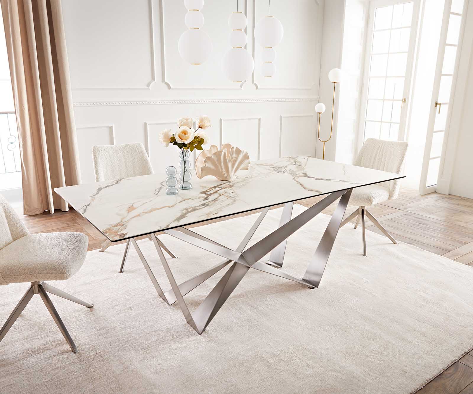 Table à manger Edge 200x100 céramique Calacatta Luxe blanc-doré-gris Spider acier plat acier inoxydable 1