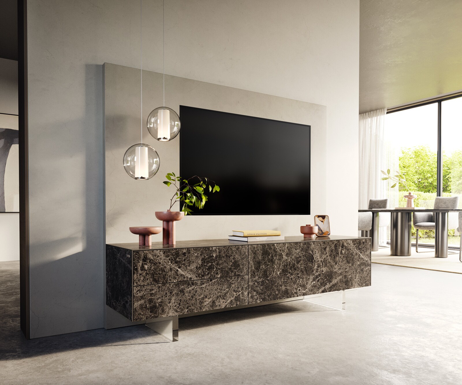 Meuble-TV Cuor 180 cm Céramique Emperador Extra Lucidato brun foncé 1 Clapet 2 Tiroirs Pied optique flottant Verre acrylique 1
