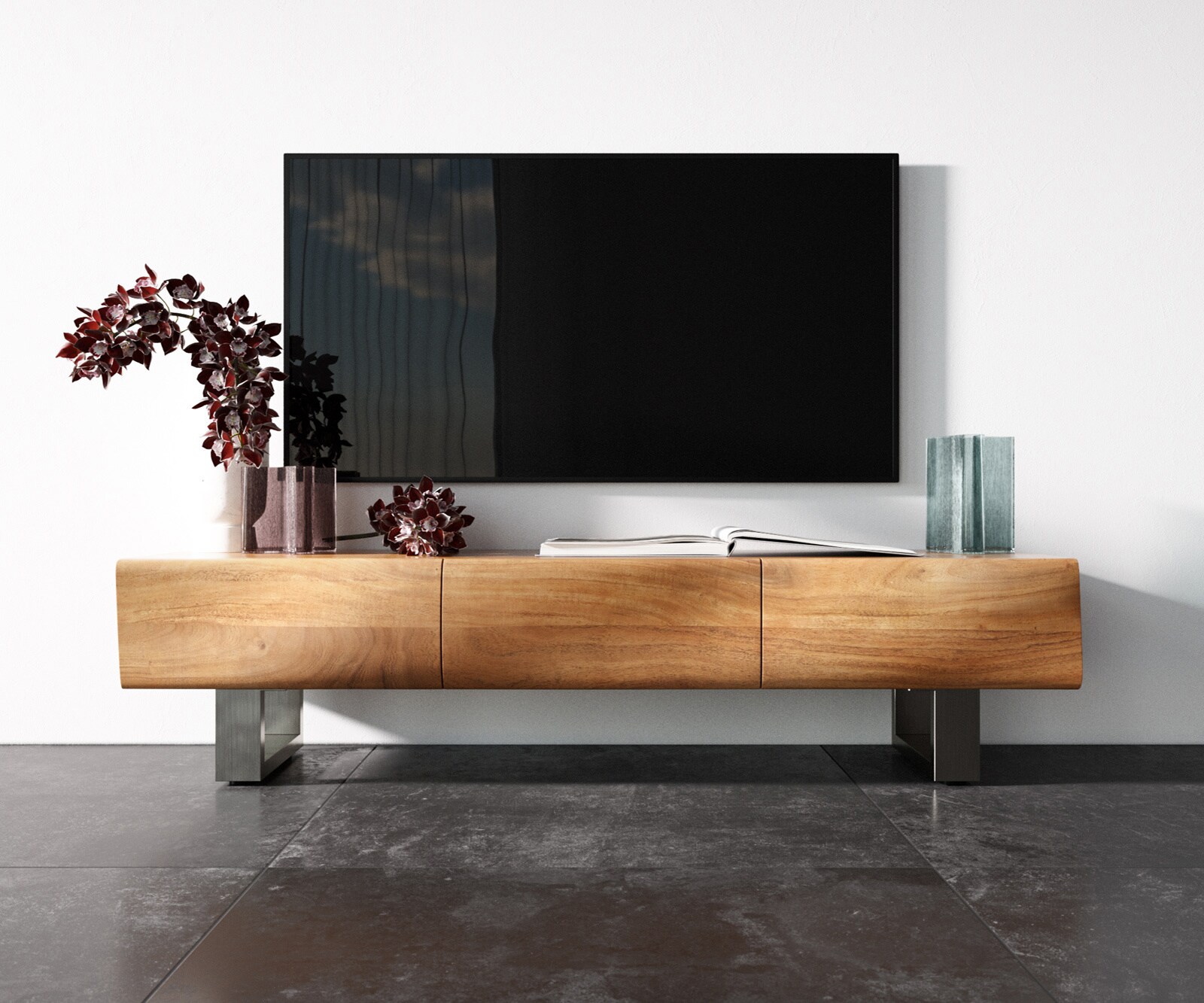 Meuble - TV New Live-Edge 145 cm acacia naturel 3 portes patin inox brossé 3
