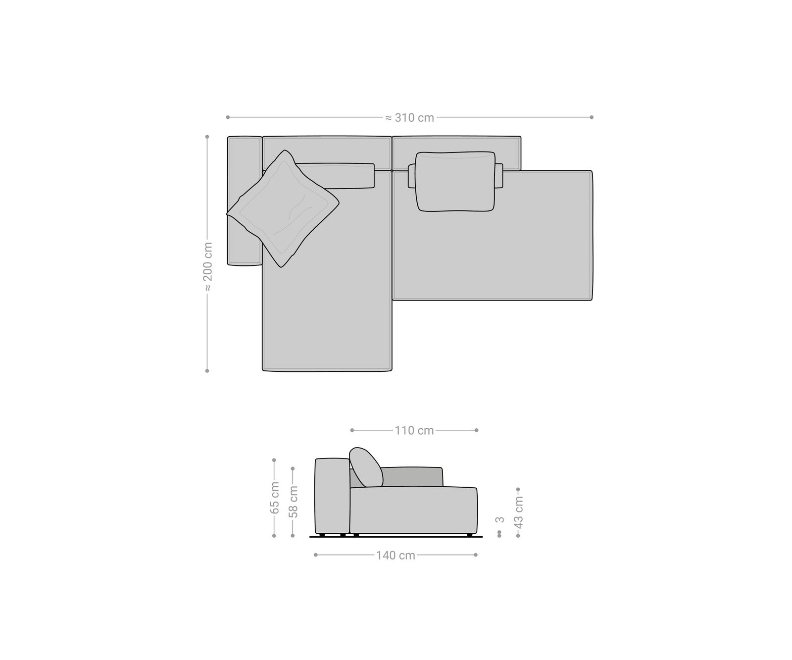 Canapé d'angle Freestyle 310x200 cm Tissu tissé doux Beige couture passepoilée 6