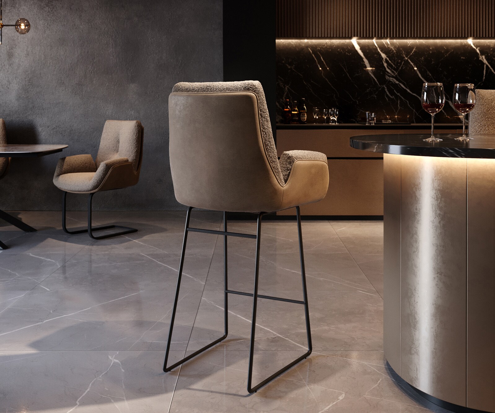 Chaise-de-bar Clea-Flex mélange de matériaux boue piétement traîneau métal ressorts ensachés 2