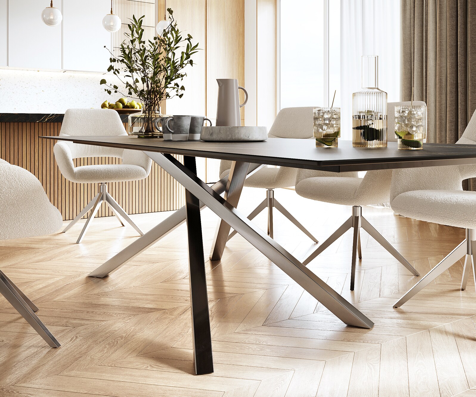 Table-à-manger Edge 300x100cm Laminam® céramique marron pieds milieu croisé argent 4