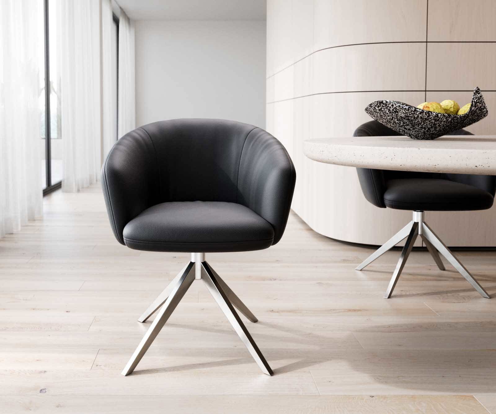 Chaise-pivotante Caja-Flex avec accoudoirs cuir de vache noir pied croisé large acier inoxydable brossé pivotement sur 360° ressorts ensachés 1 Chaise-pivotante Caja-Flex avec accoudoirs cuir de vache noir pied croisé large acier inoxydable brossé pivotement sur 360° ressorts ensachés 1