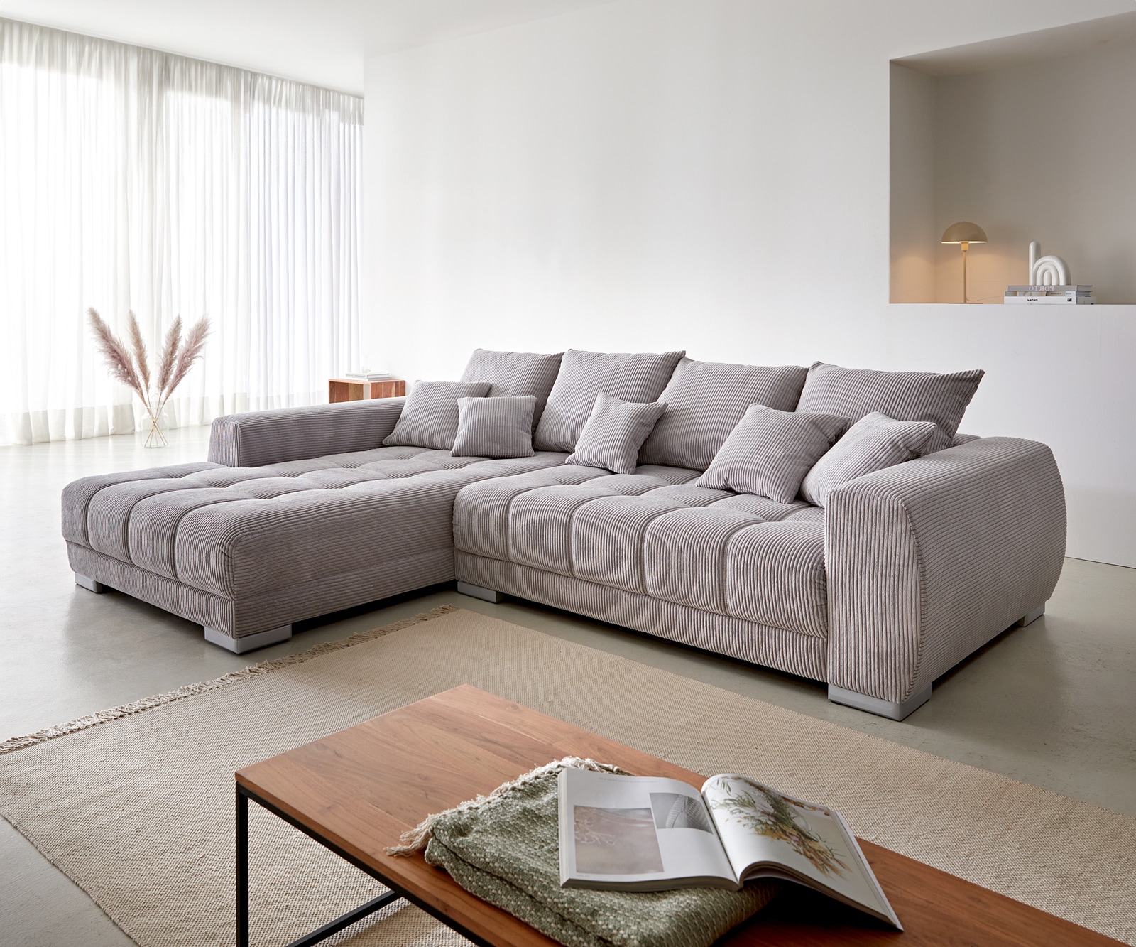 Canapé-d'angle Josea 300x220 cm velours côtelé gris argenté méridiènne gauche 1