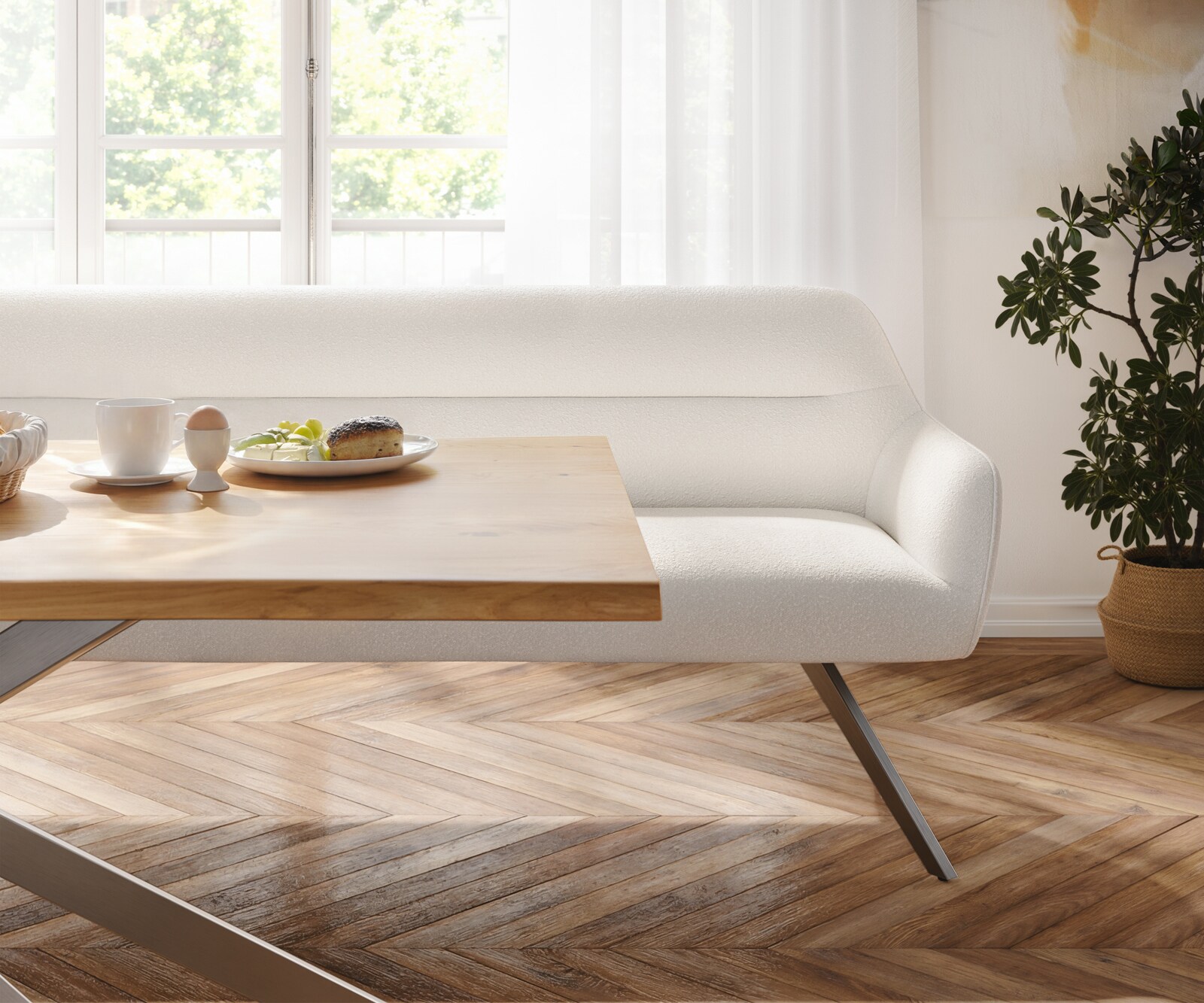 Banc-de-salle-à-manger Taya-Flex 200 cm bouclé crème-blanc pied croisé angulaire grafiete ressort ensaché 4