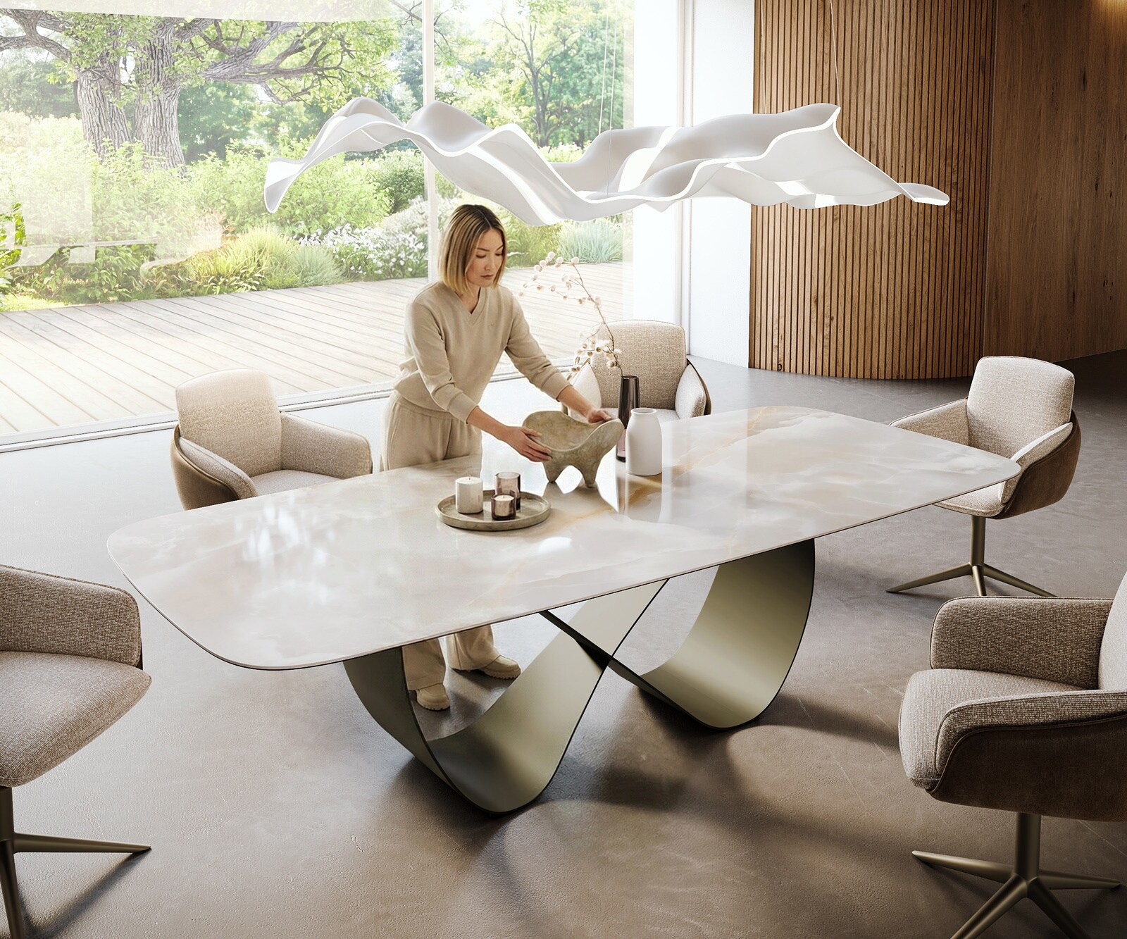 Table à manger Edge Boot 270x120 cm Céramique Iris FMG Onice Grigio Infinity Métal Finition effet Titan