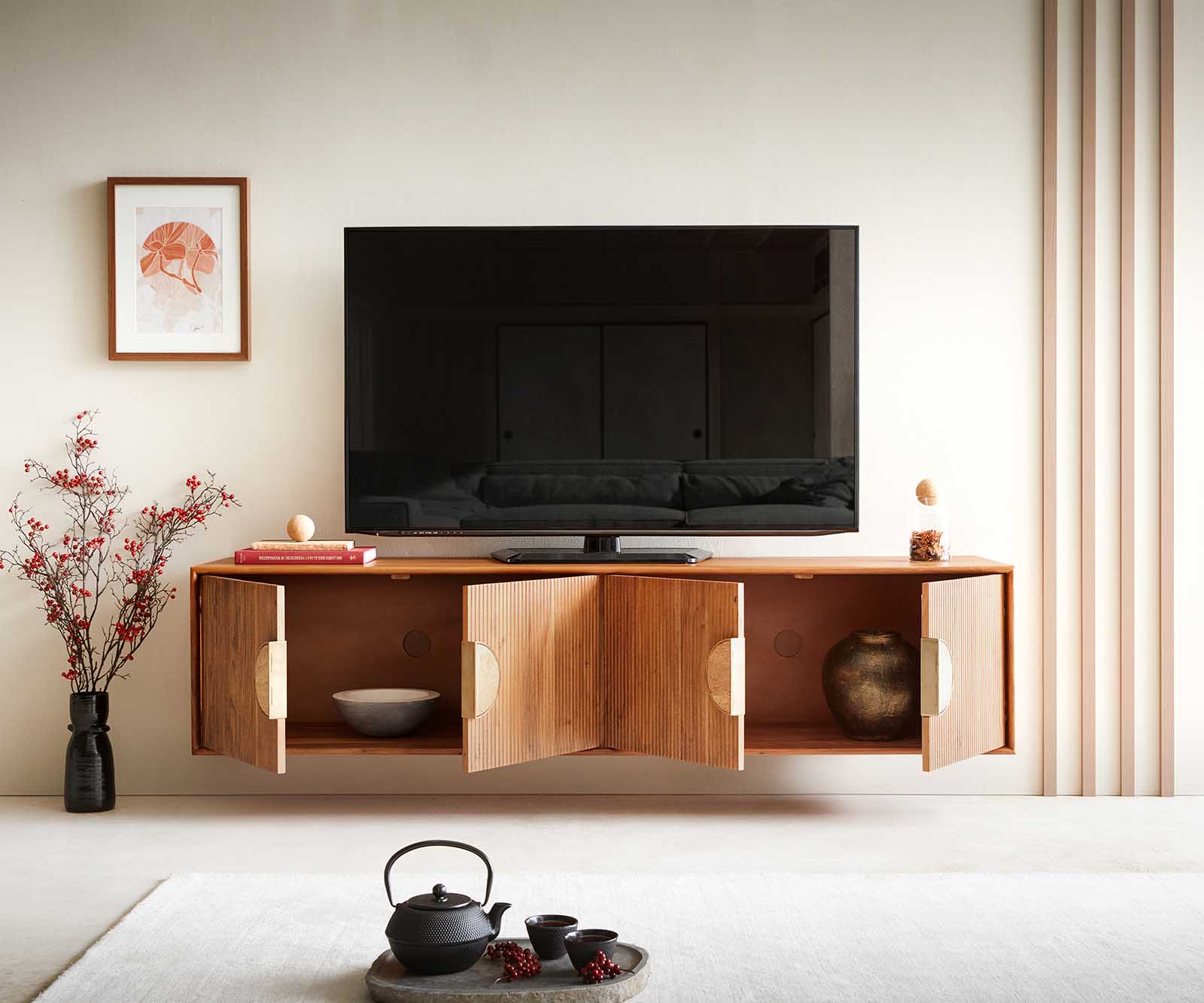 Meuble-TV Surimu 175 cm acacia marron clair 4 portes poignée liège flottante 3