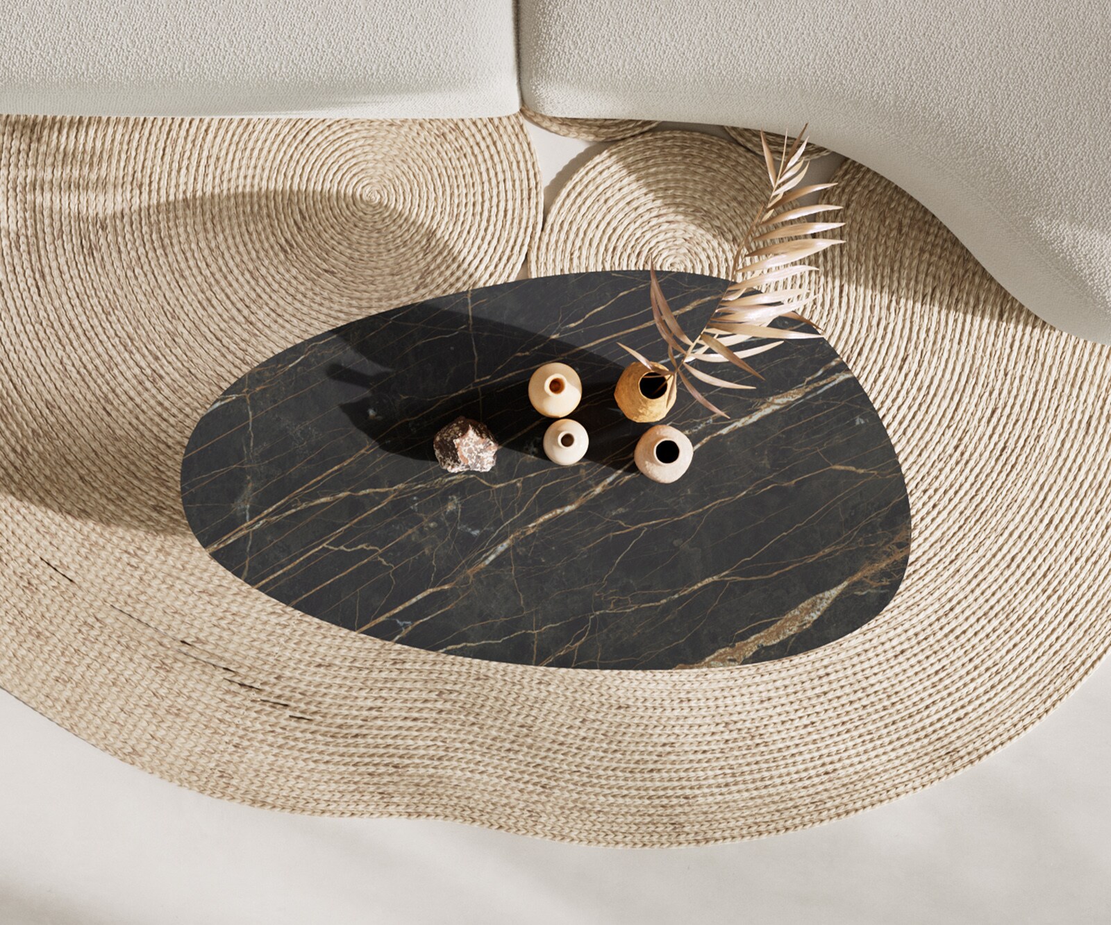 Table basse Edge Oval 140x75 cm céramique Laminam® Noir Desir brun Conis acier inoxydable brossé 5