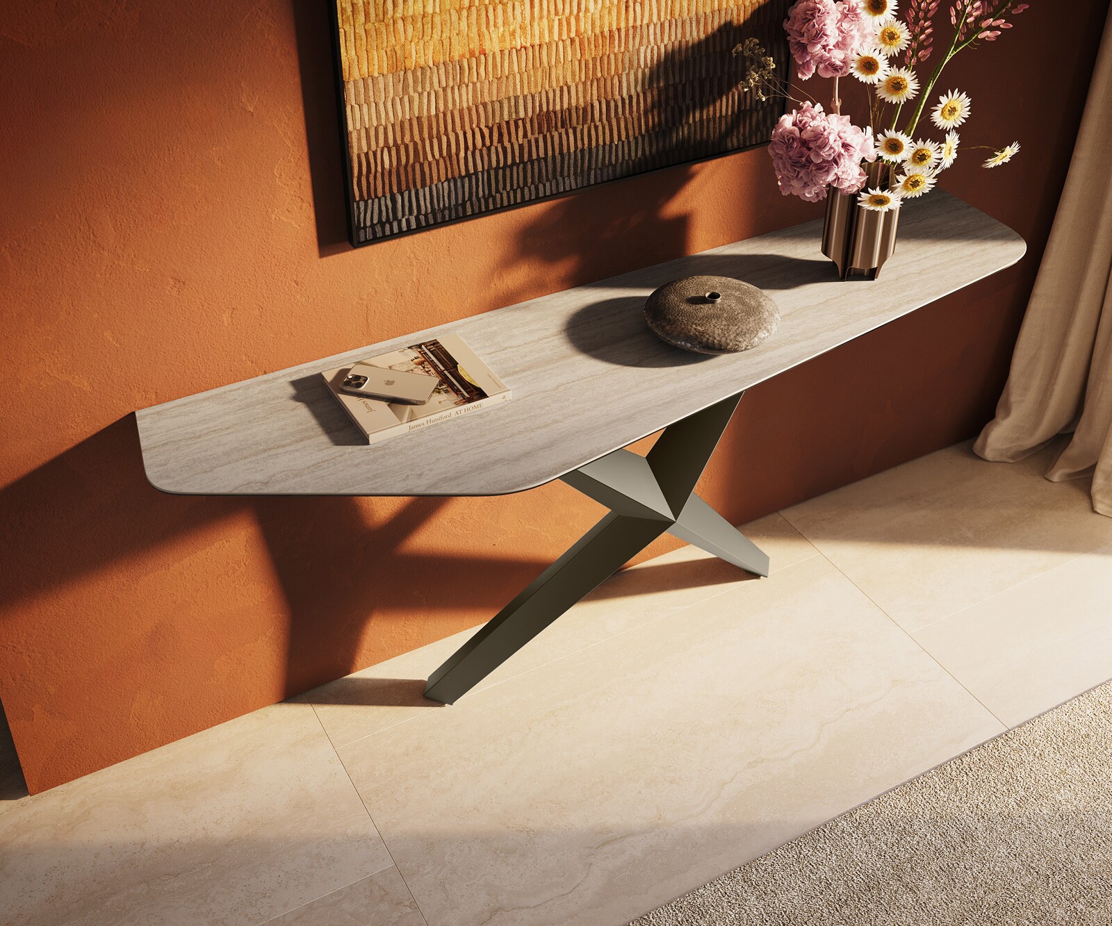 Console Edge Polygonal 180x50 cm Céramique Laminam® Travertino Bianco Creme-Weiß Zentharo Métal Effektfinish Titan 2
