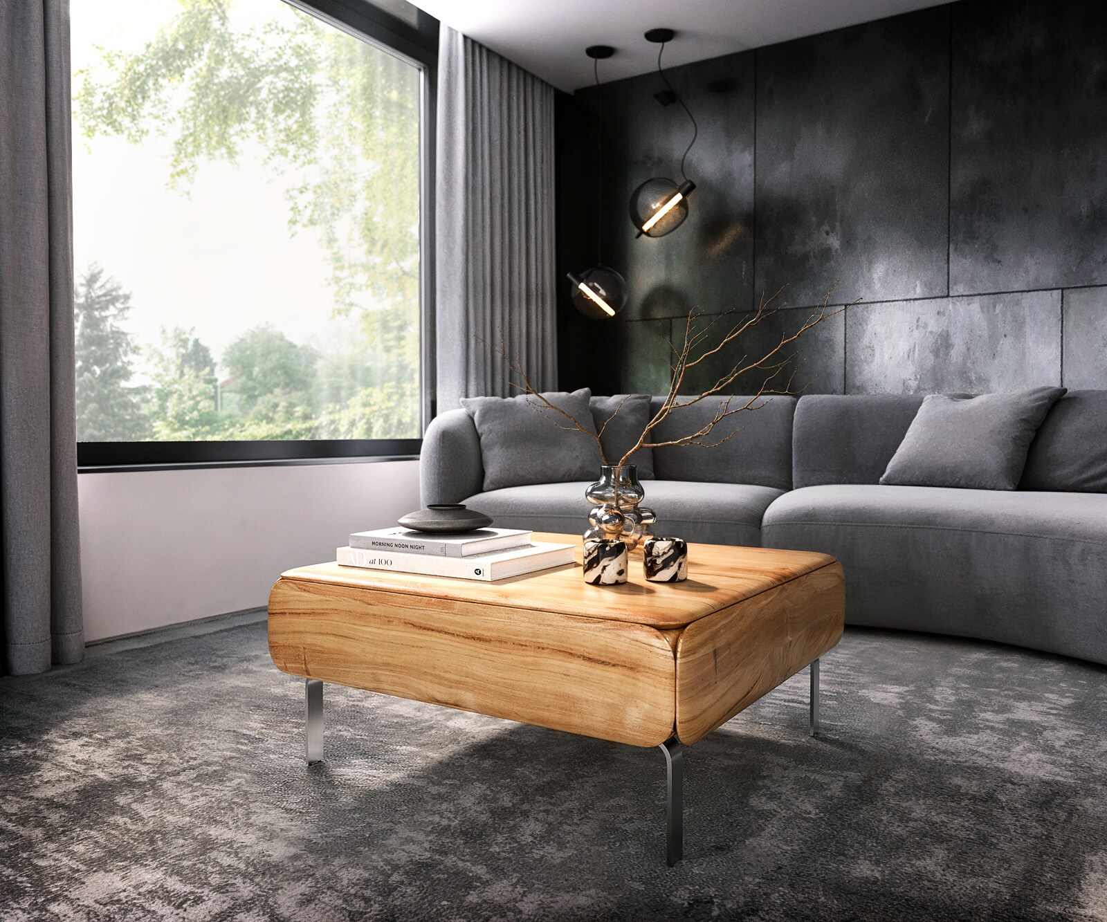 Table-basse Shavani 90x90 cm Acacia naturel 2 portes Pied en L Acier inoxydable argenté