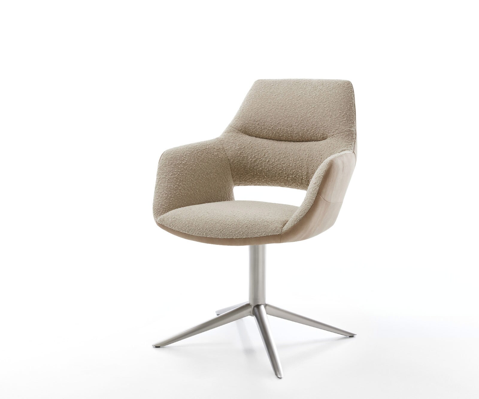 Chaise-pivotante Yago-Flex avec accoudoirs tissu mixte couleur boue pied de chaise 4 branches acier inoxydable brossé pivotement sur 360° fonction bascule ressorts ensachés 1