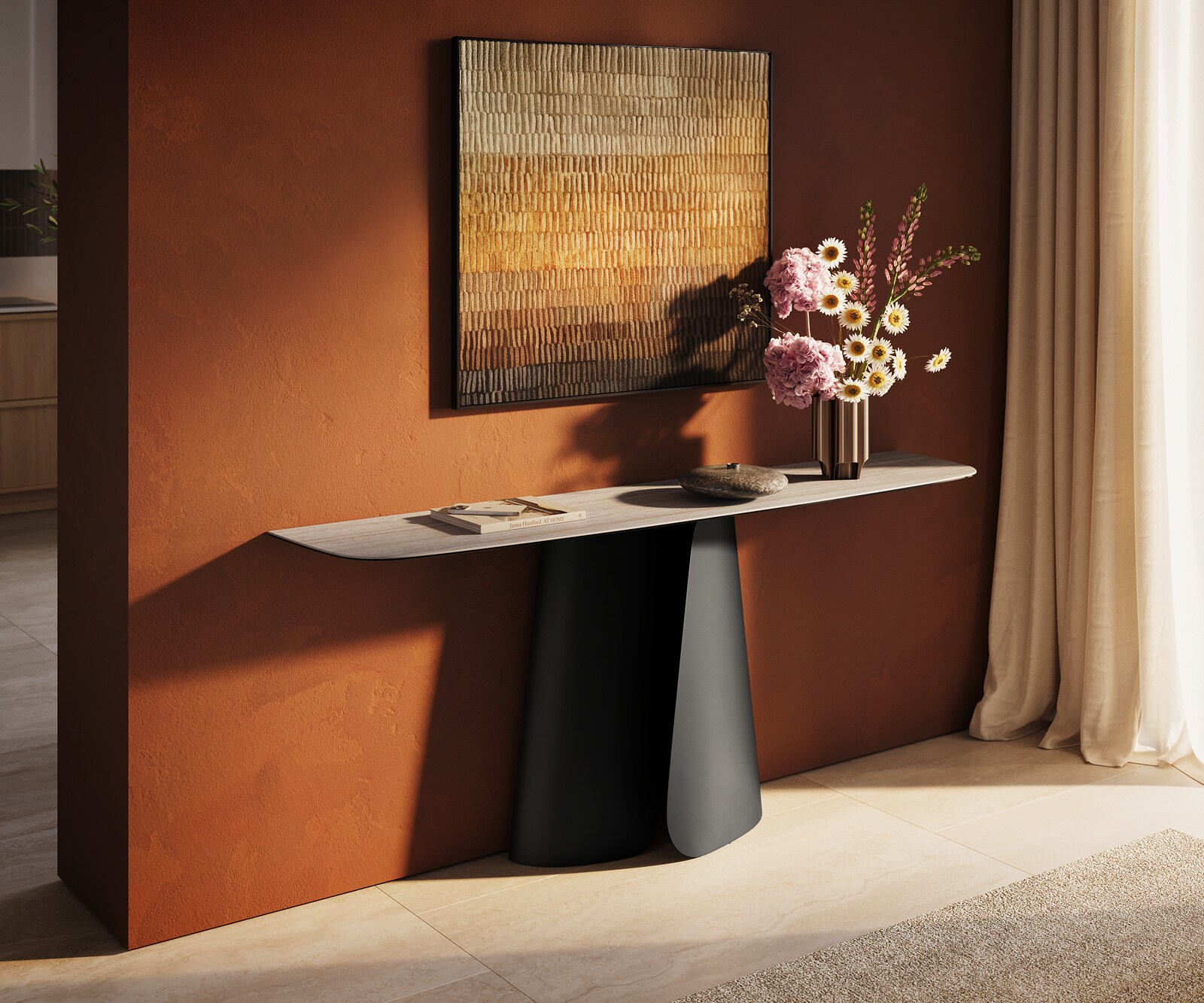 Console Edge forme bateau 180x40 cm Céramique Laminam® Travertino Bianco Creme-Weiß Livos Métal Noir 1