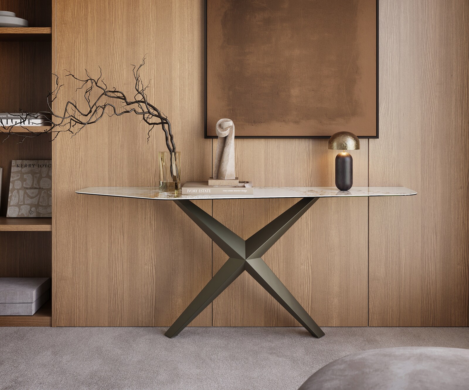 Console Edge Polygonal 180x50 cm Céramique Minas Melange Weiß-Beige Zentharo Métal Effektfinish Titan 1