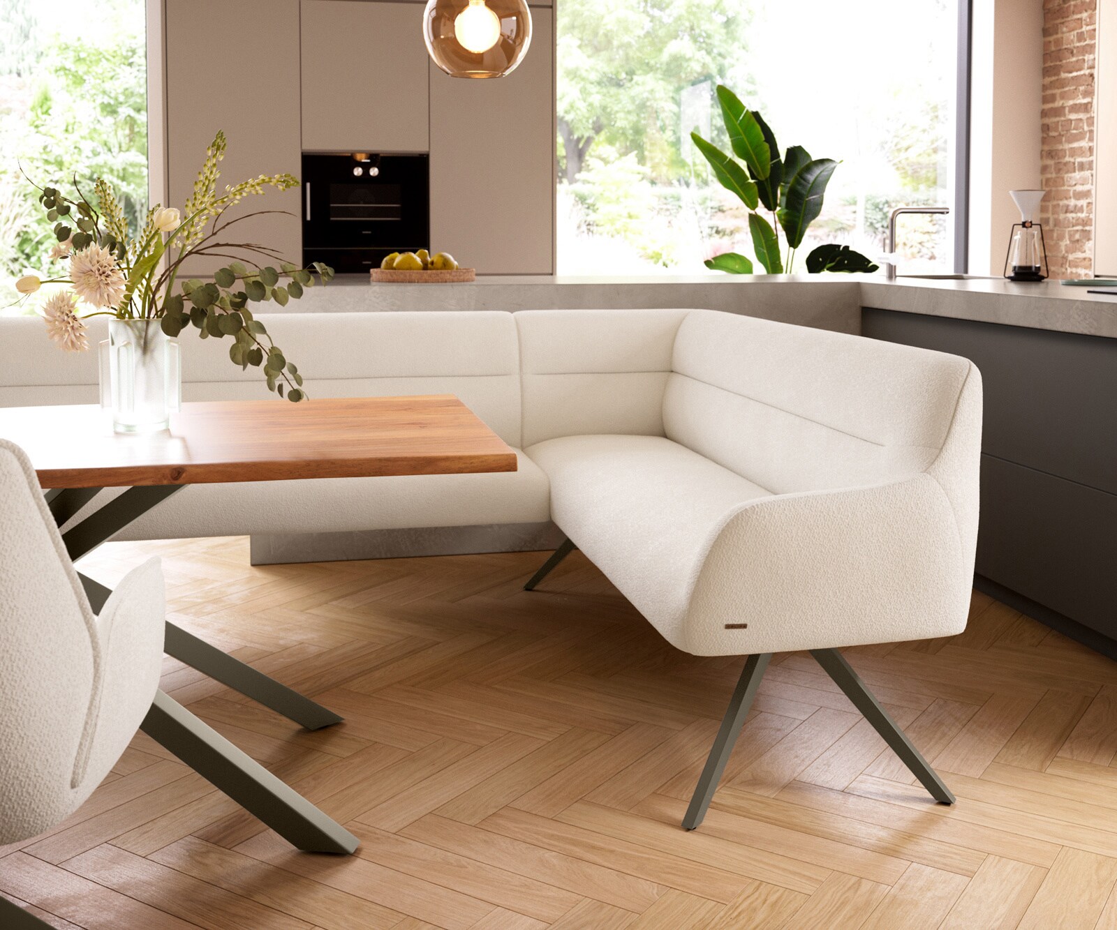 Banc-de-salle-à-manger Taya-Flex 285x190 cm bouclé crème-blanc pied croisé angulaire titane ressort ensaché liens 4
