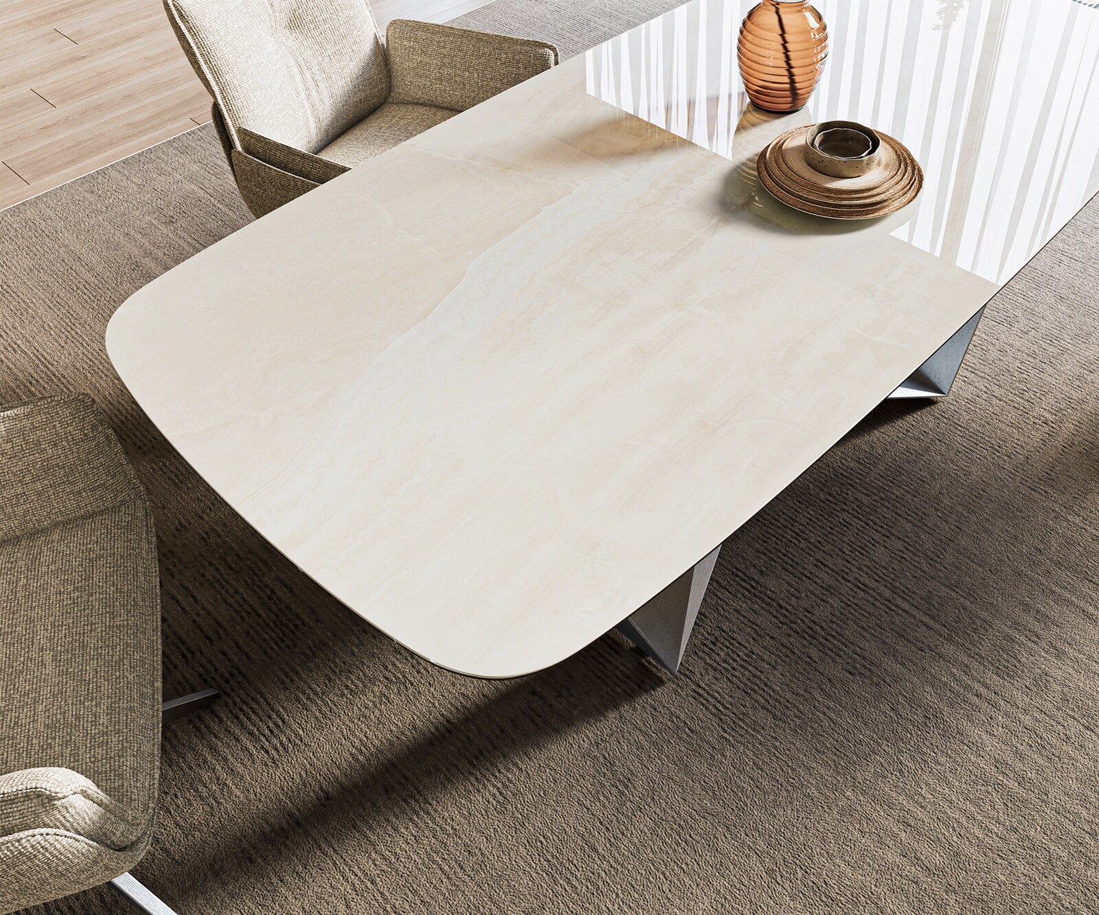 Table à manger Edge bateau 200x100 cm céramique Onyx Champagne Spider acier plat inox graphite 4