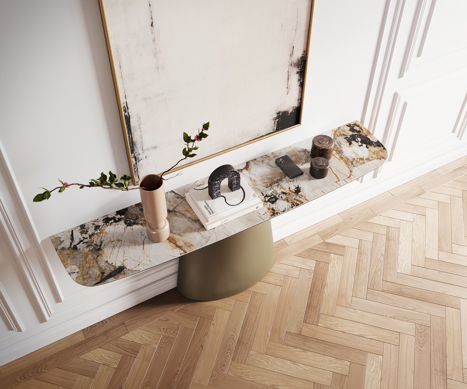 Console Edge forme bateau 180x40 cm Céramique Patagonia Poliert Conos Métal Effektfinish Titan 4