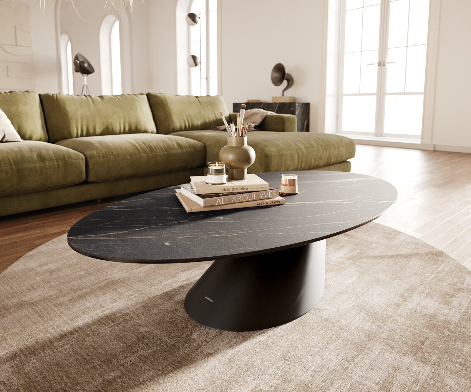 Table basse Edge Oval 140x80 cm céramique Laminam® Noir Desir brun Conis métal noir 1