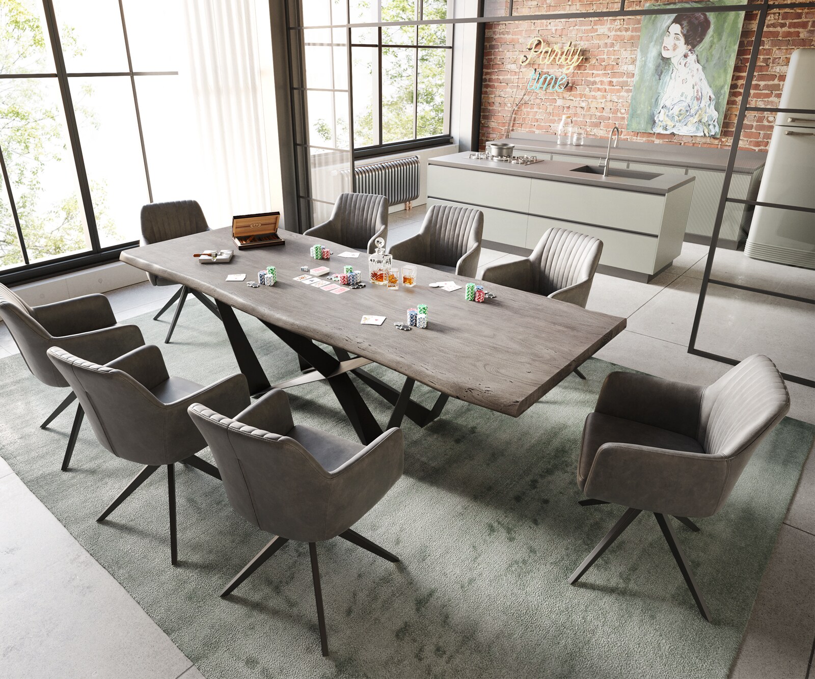 Table à manger Edge 260x100 XL acacia platine Spider acier plat noir Live-Edge 4