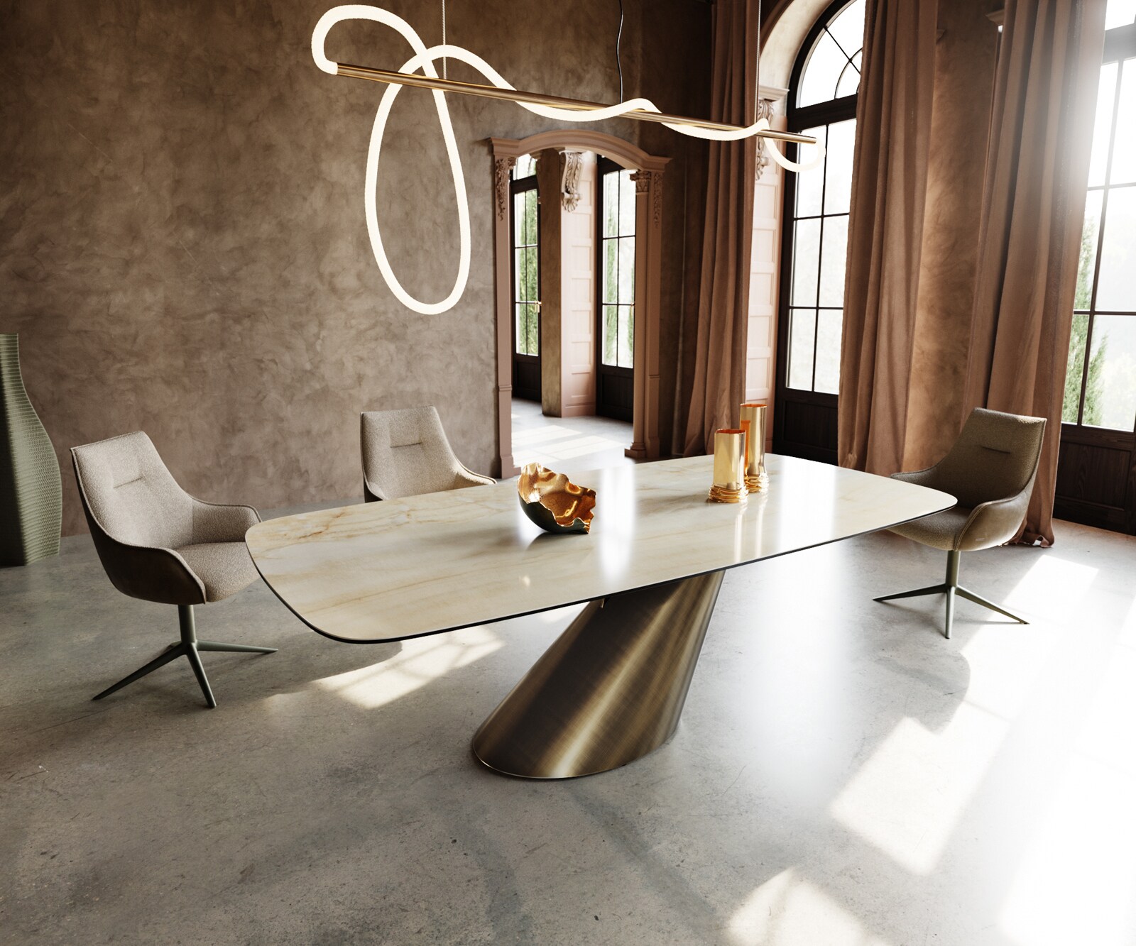 Table à manger Edge Boot 240x120 céramique Iris FMG Onice Oro Cono métallique doré 1