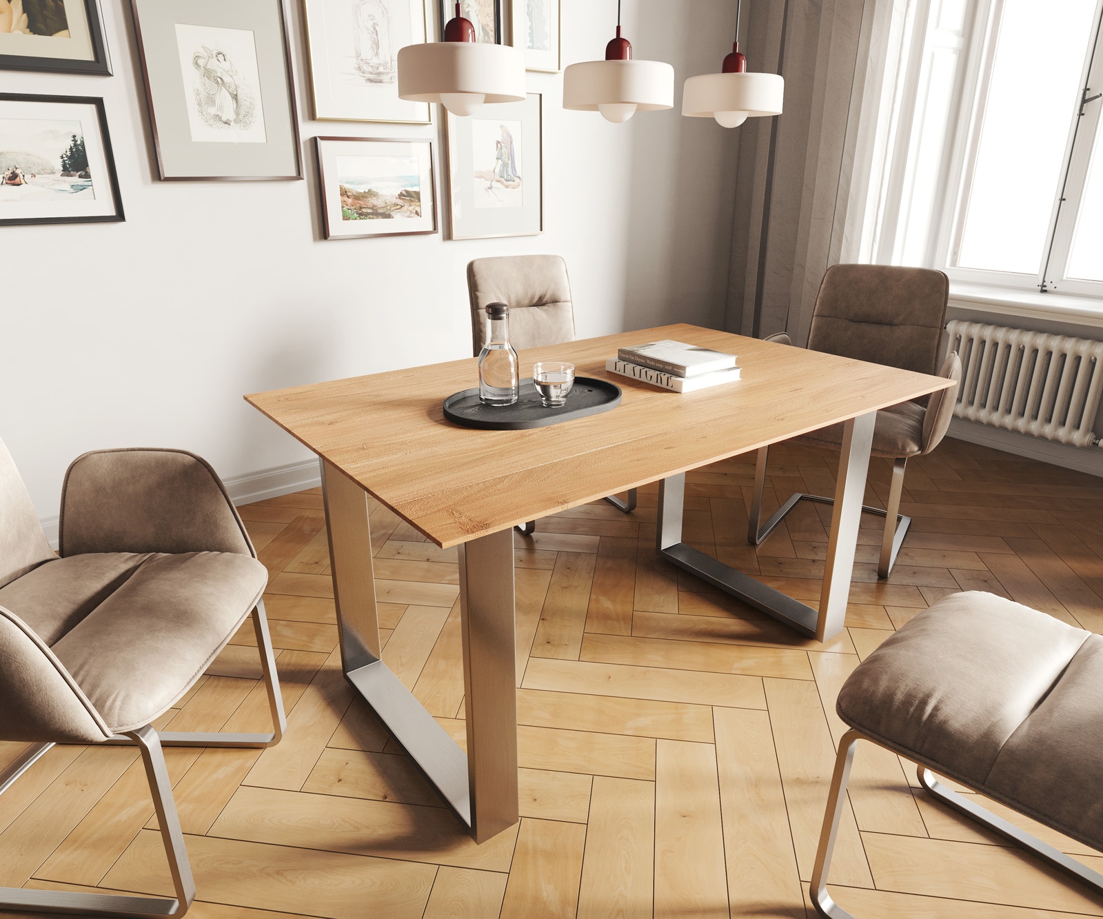 Table-à-manger Edge 140x90 acacia nature acier inoxydable mince bord suisse Table-à-manger Edge 140x90 acacia nature acier inoxydable mince bord suisse